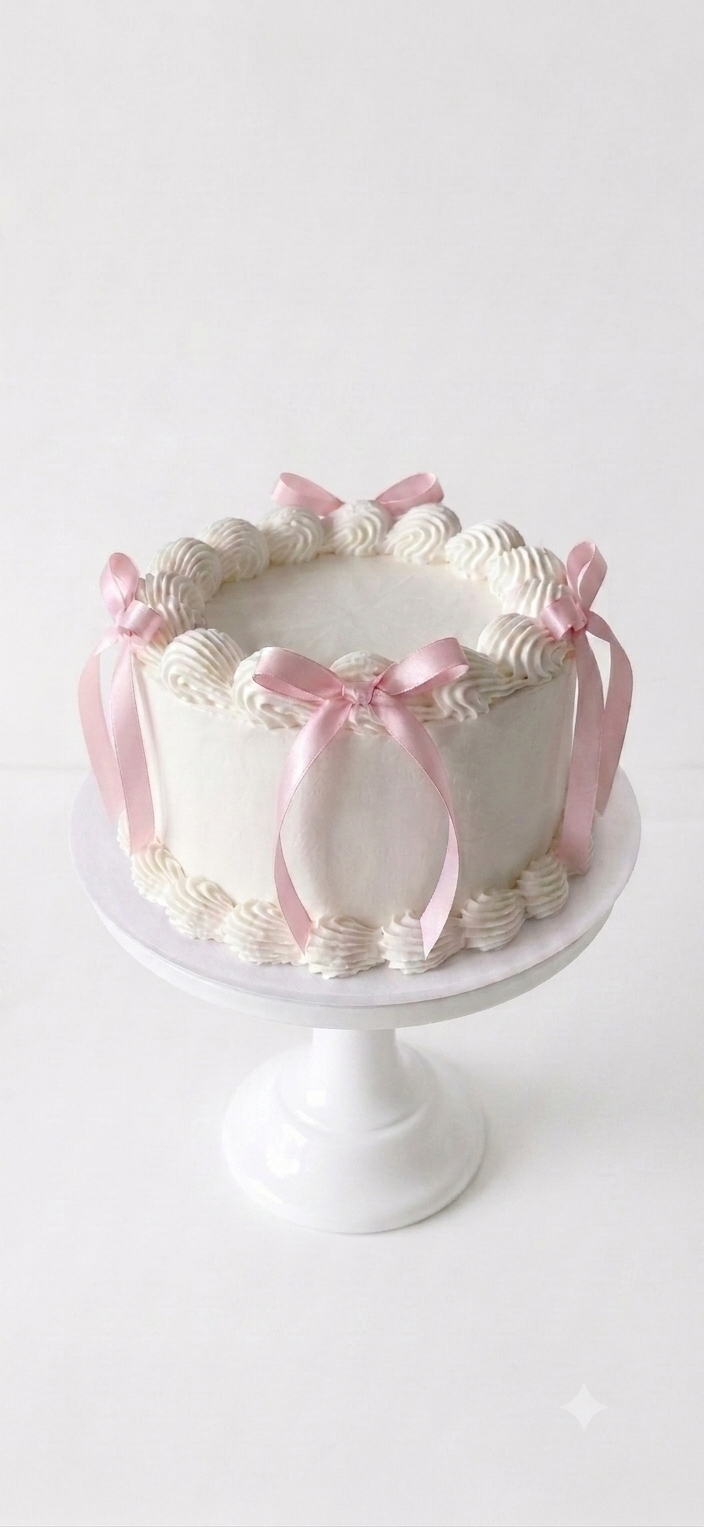 Elegant white cake with swirl piping and pink satin ribbon bows on a white pedestal stand.