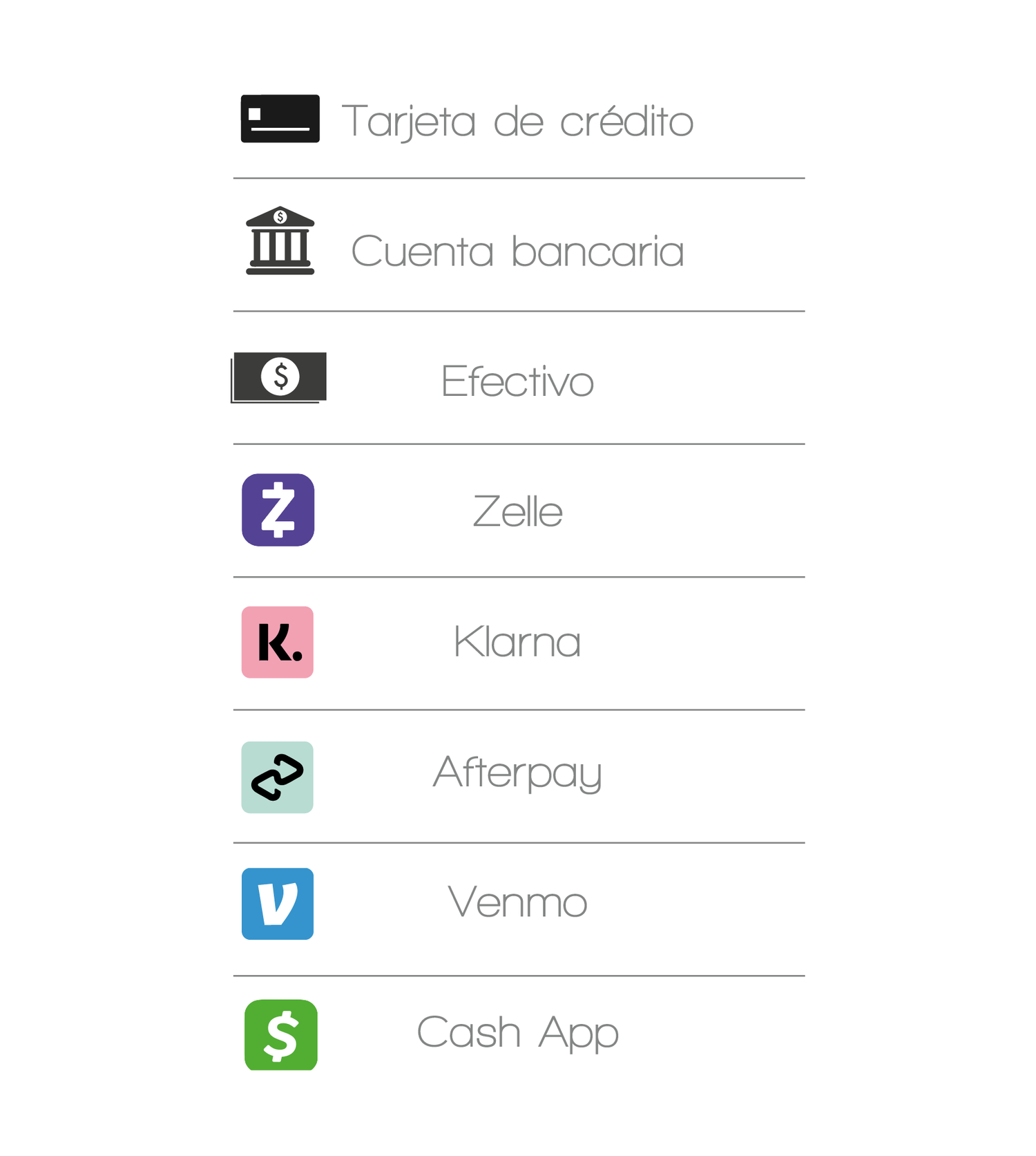 Payment methods list including credit card, bank account, cash, Zelle, Klarna, Afterpay, Venmo, and Cash App.
