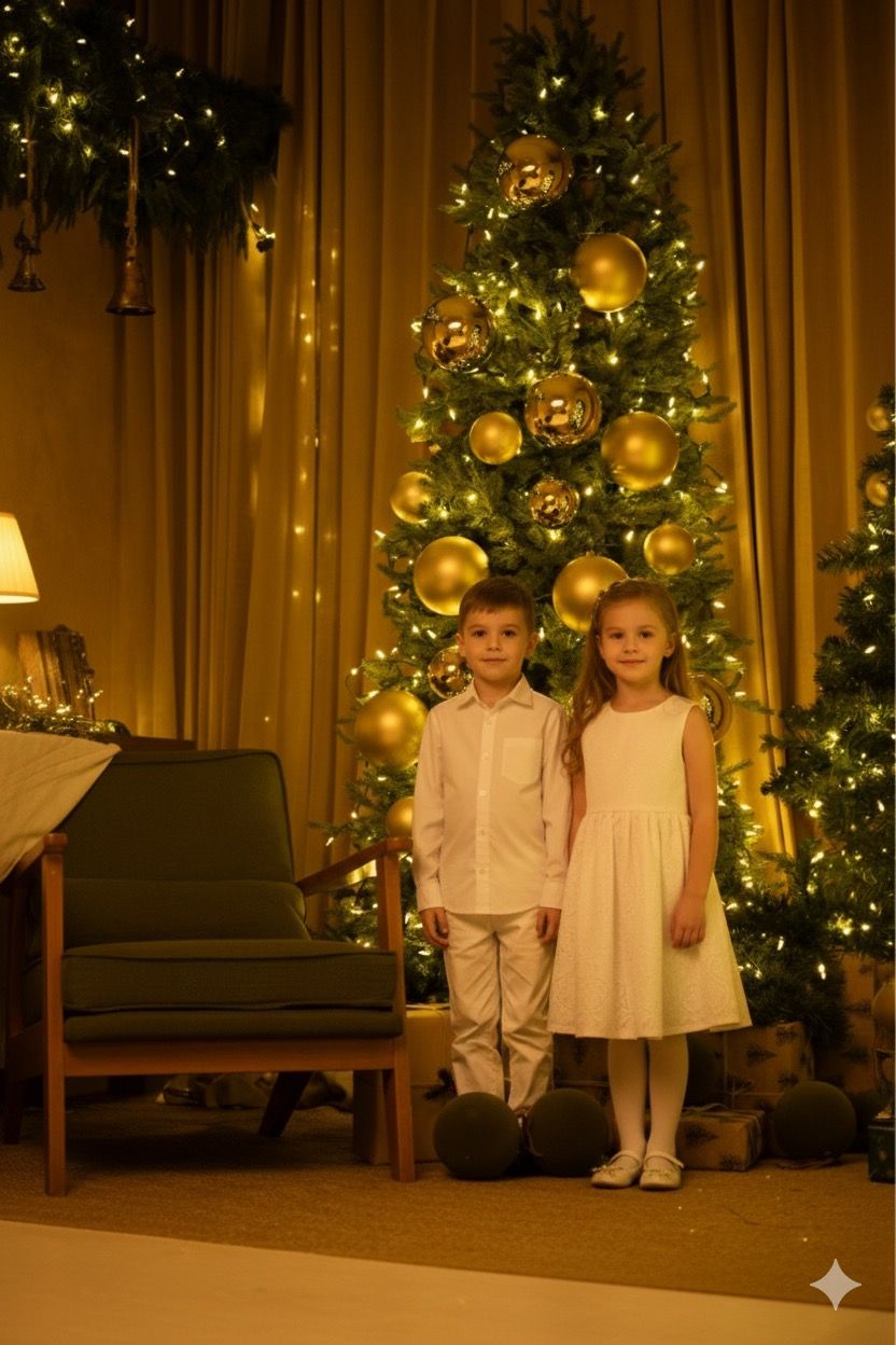 Children pose in formal attire by illuminated Christmas trees with gold ornaments.