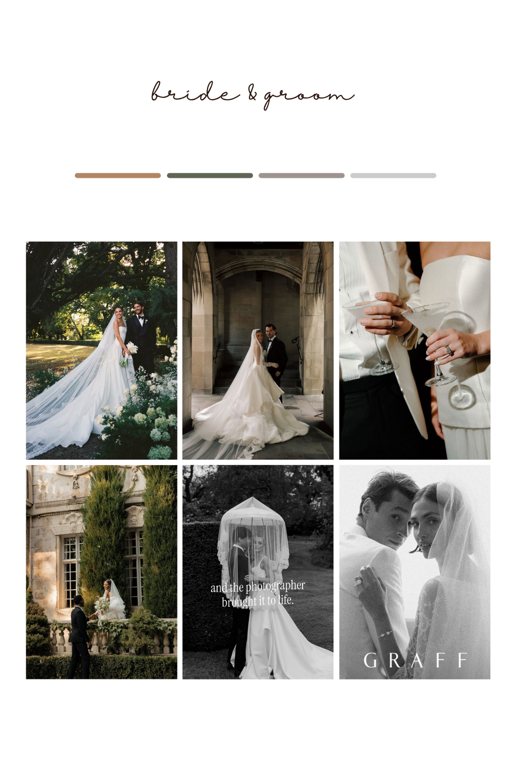 Elegant bride and groom wedding mood board featuring garden ceremonies, veils, and romantic black and white portraits.