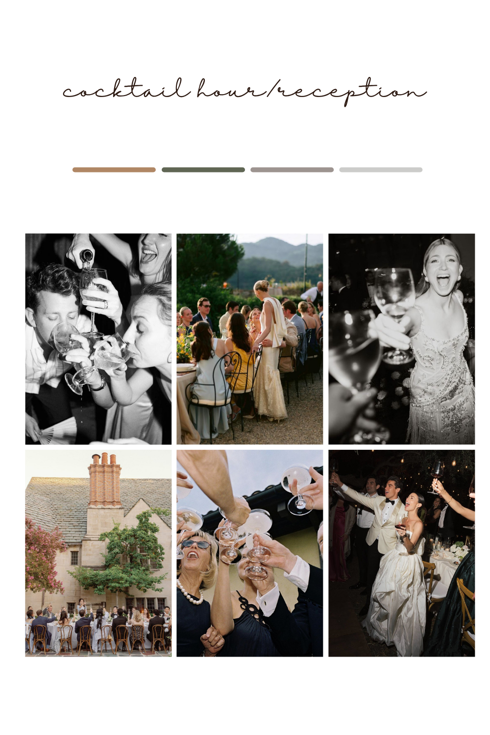 Wedding cocktail hour reception collage featuring guests toasting with champagne, celebrating outdoors and on a dance floor.