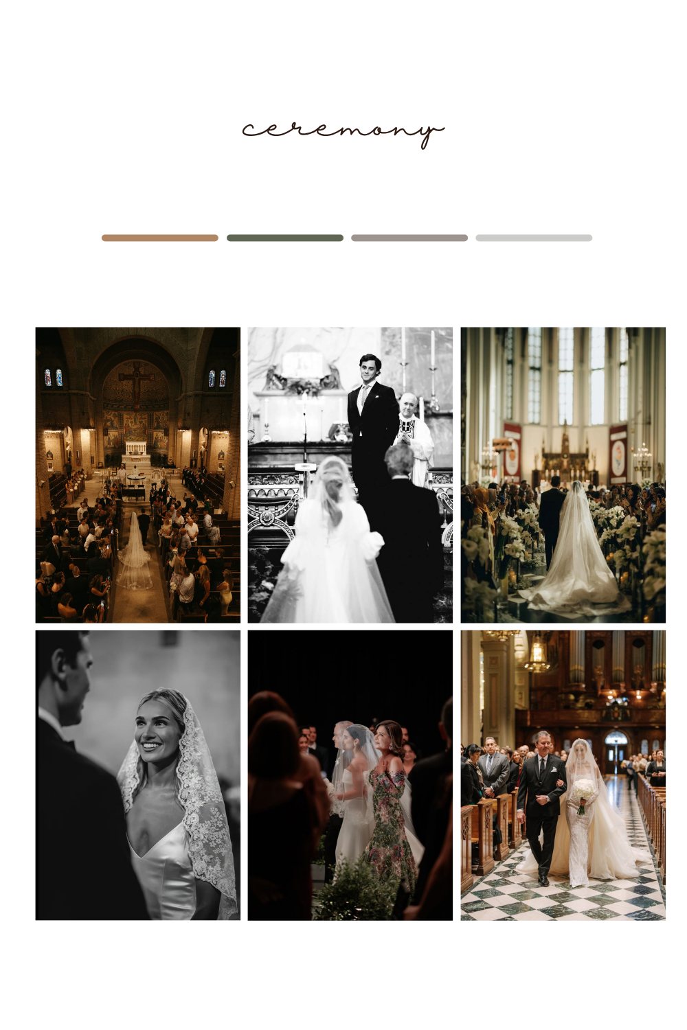 Six elegant wedding ceremony photos in a church collage, featuring bride in white gown, groom, and guests in grand cathedral settings.
