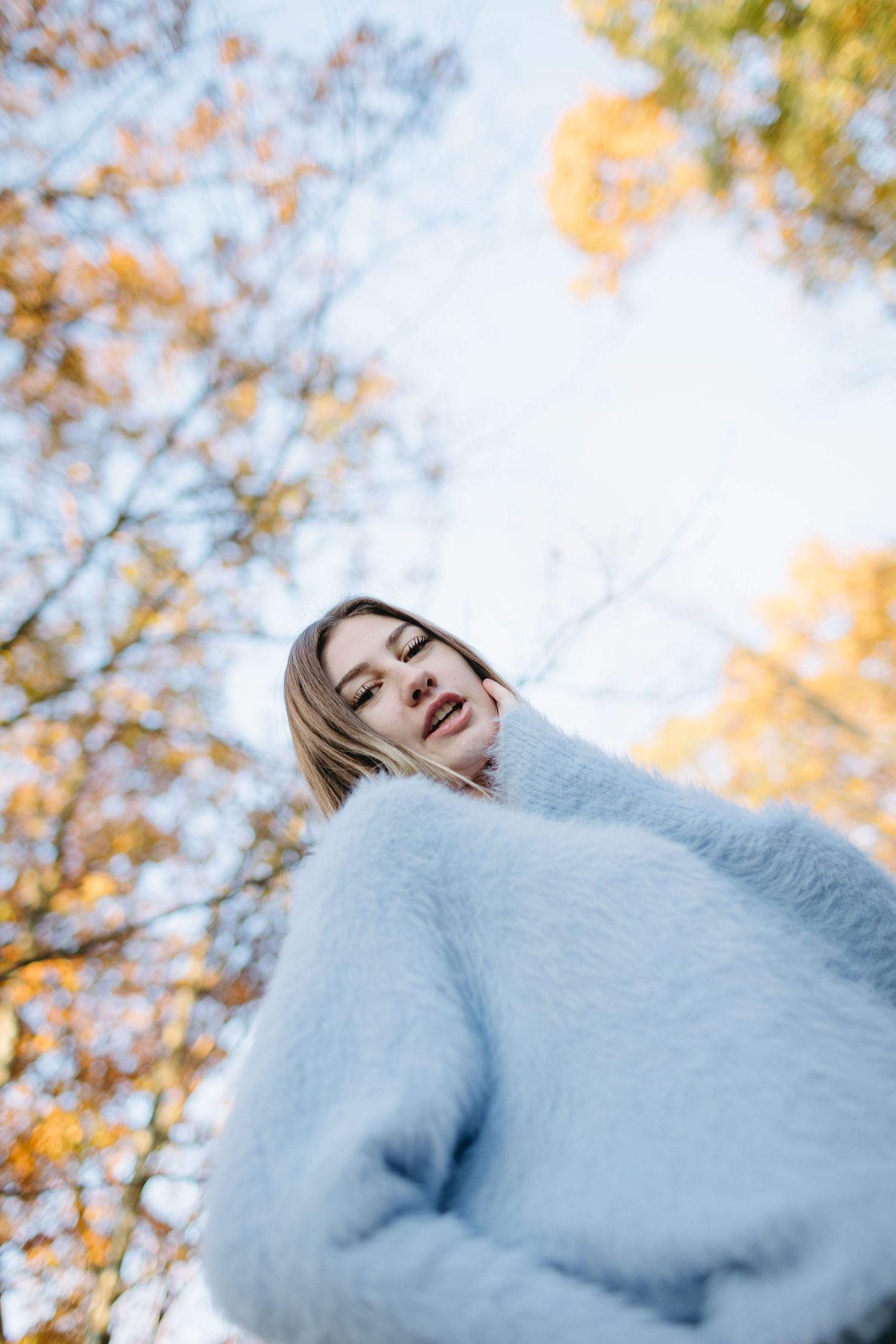 Person in cozy blue sweater photographed from below against autumn trees.