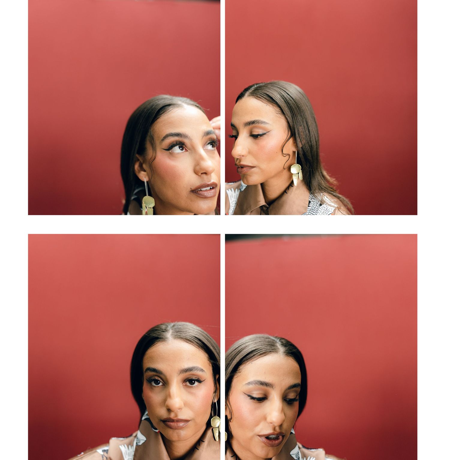 Artistic portrait grid showing expressive poses against a red background with dramatic lighting and statement earrings.