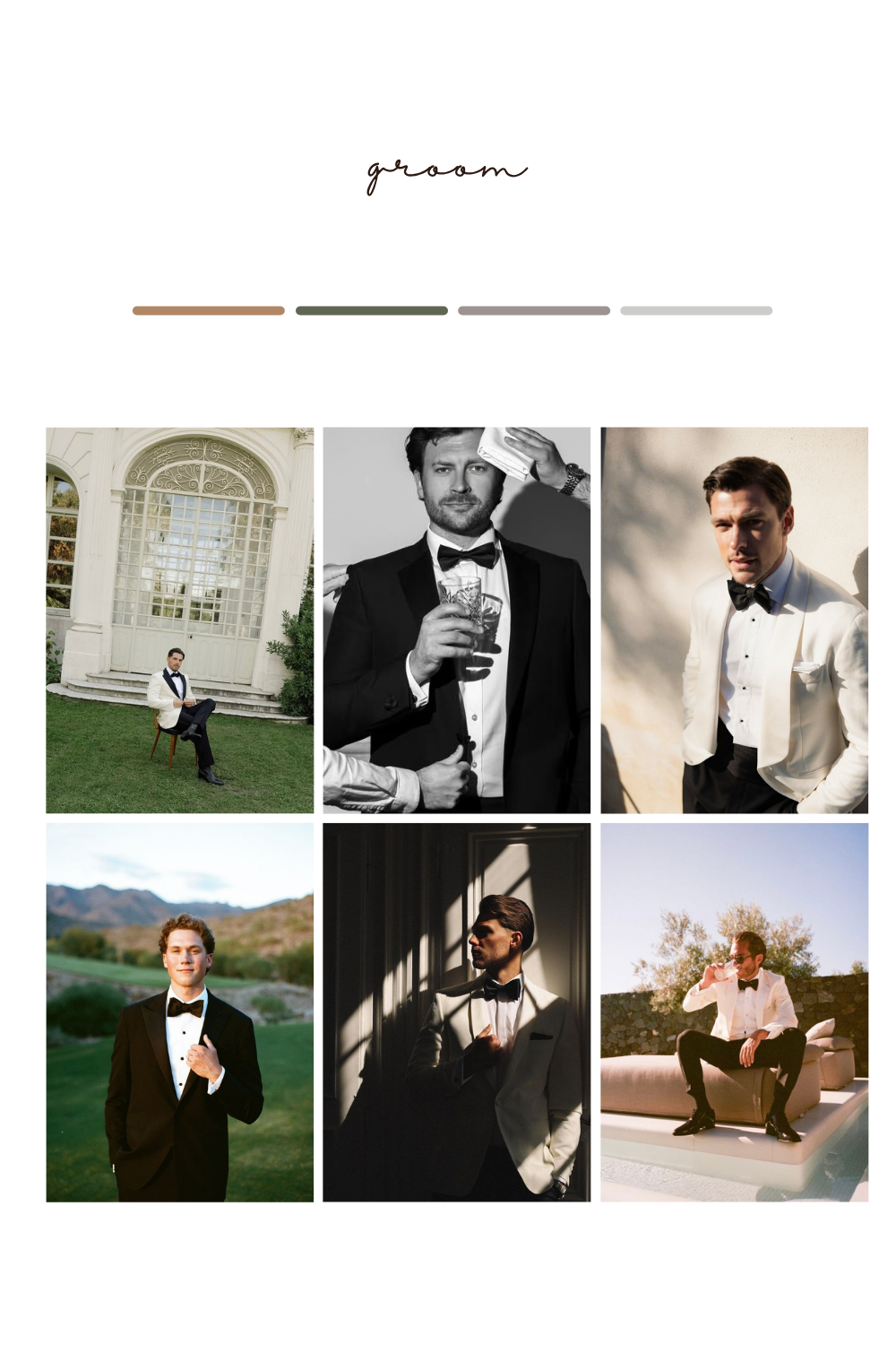 A stylish groom moodboard featuring six elegant photos of men in classic black and white tuxedos at weddings.