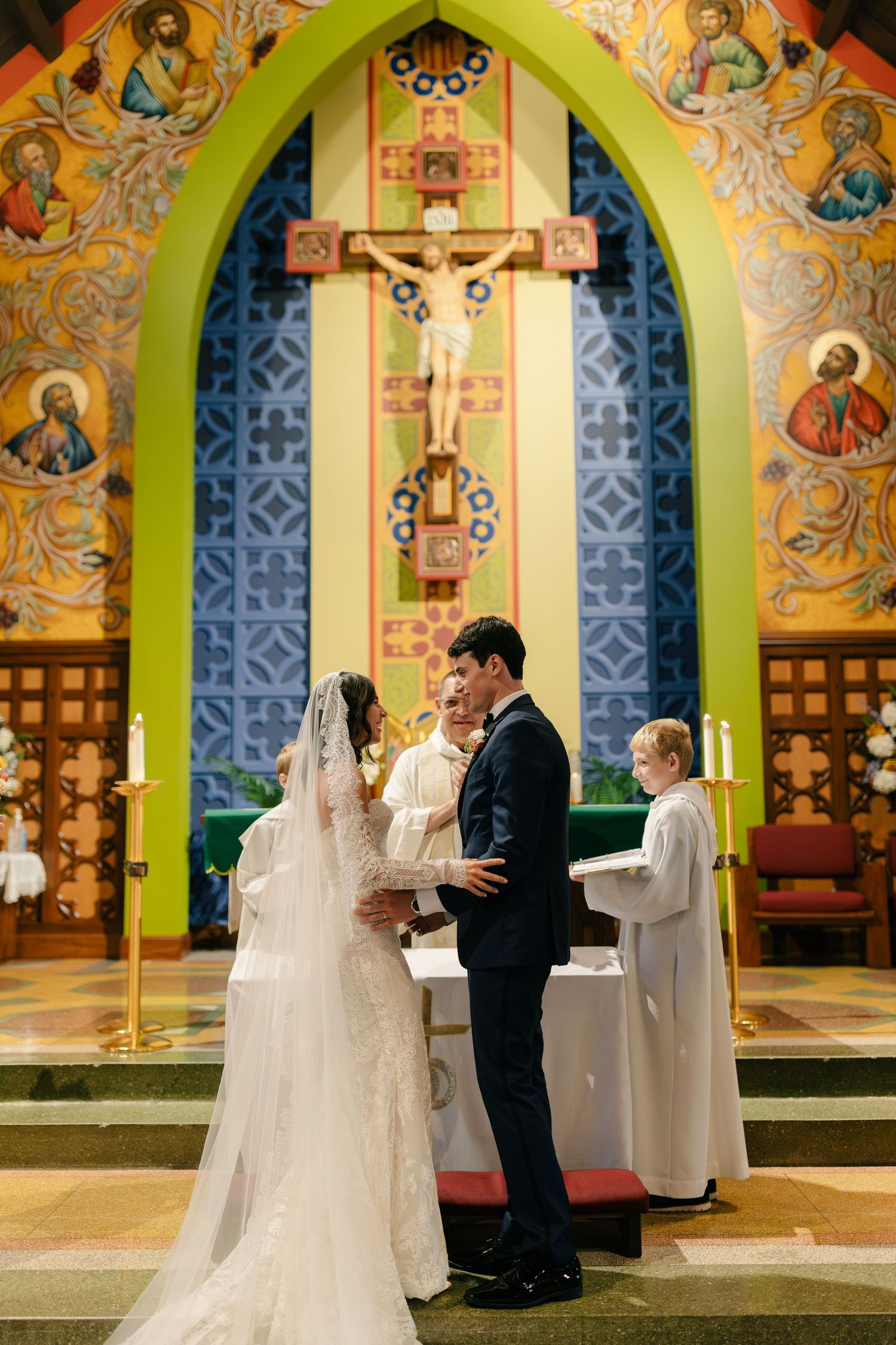 Orthodox Christian wedding ceremony sequence showing traditional marriage rites in front of ornate church iconography.
