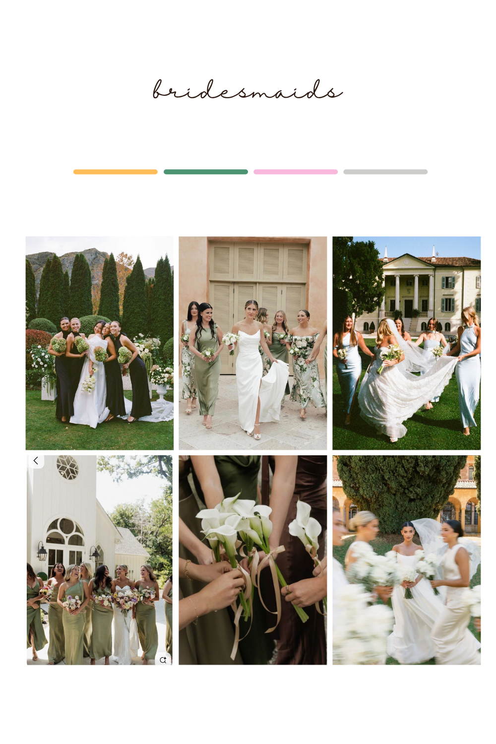 A collage of bridesmaids in sage green and white dresses posing and celebrating at elegant outdoor wedding venues.