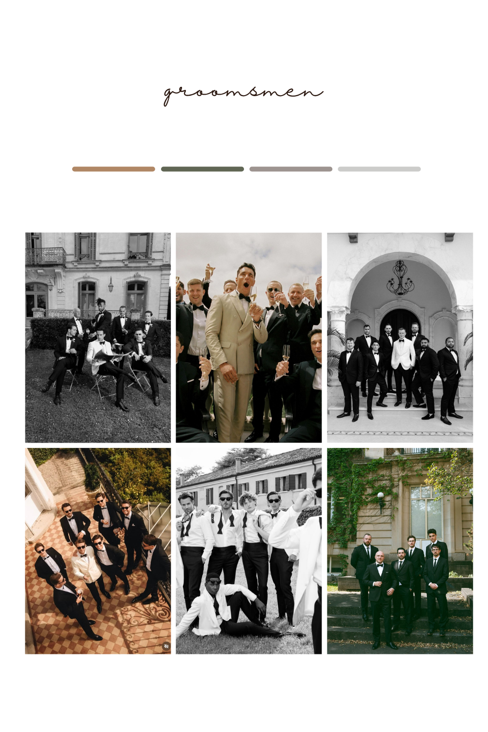 A collage of six groomsmen photos featuring men in formal attire including tuxedos and suits at elegant wedding venues.