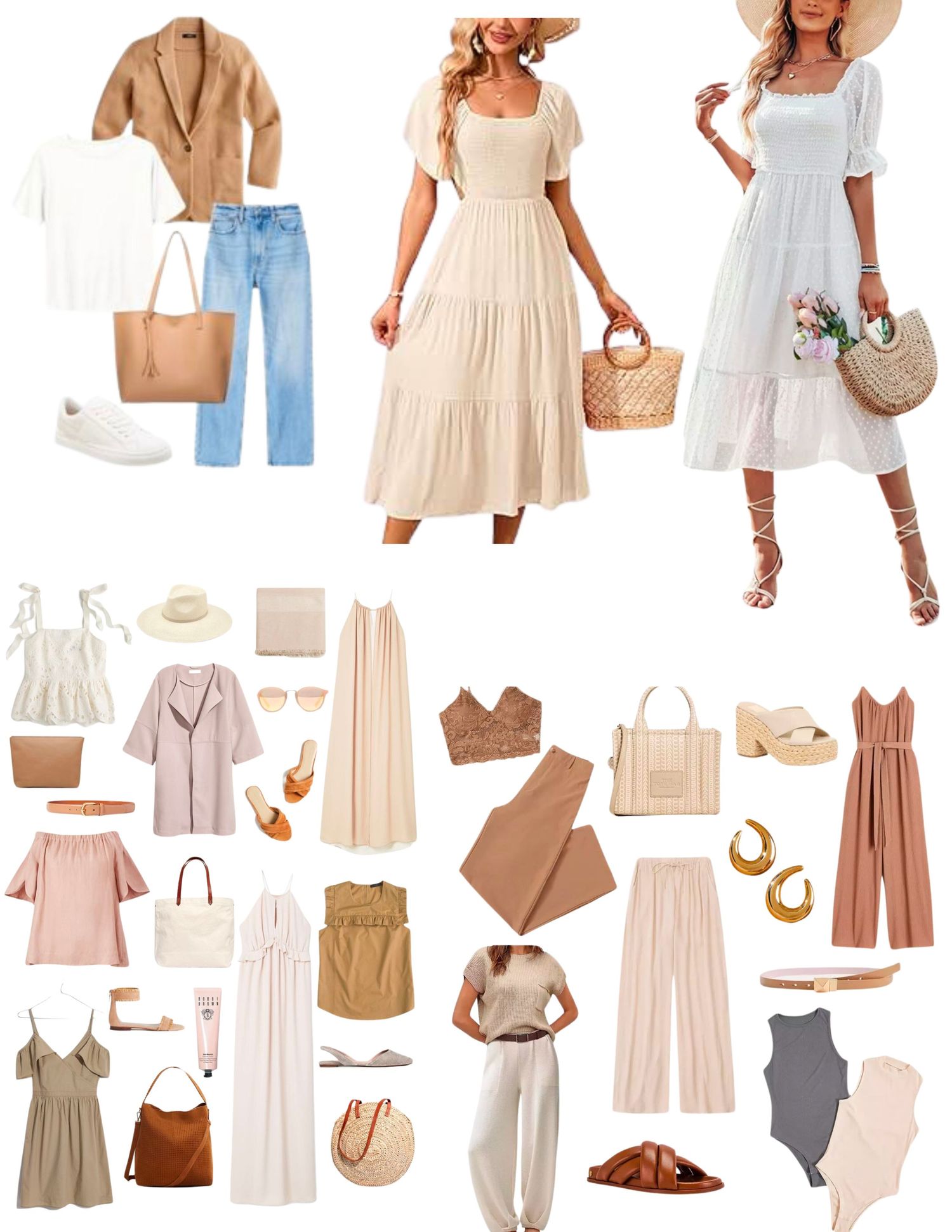 Summer fashion mood board with light dresses, denim, straw accessories and neutral colored clothing items.