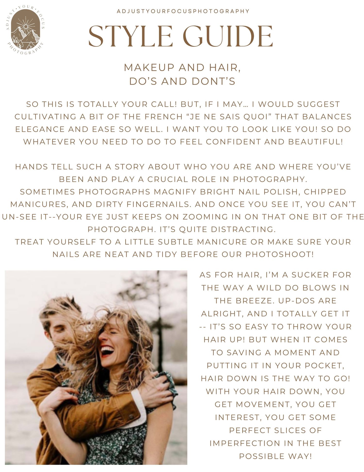 Style guide page with tips about makeup, hair and styling for photoshoots.