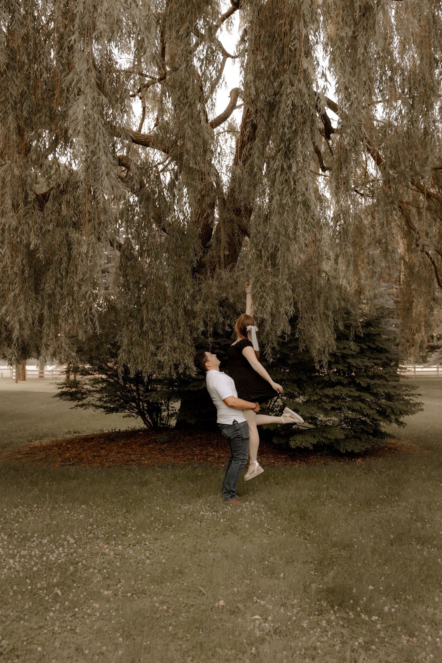 A couple performs a romantic dance lift under a weeping willow tree in a dreamy sepia-toned photograph.
