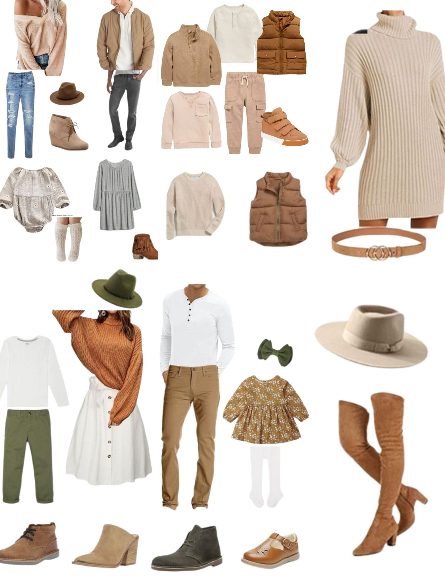 Casual winter wardrobe collection with sweaters, vests, boots and hats in earth tones.