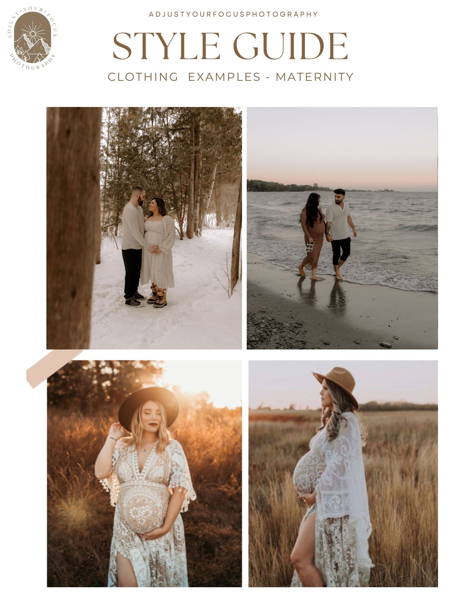 Style guide for maternity clothing showing winter and beach photoshoot examples and flowing white dresses.