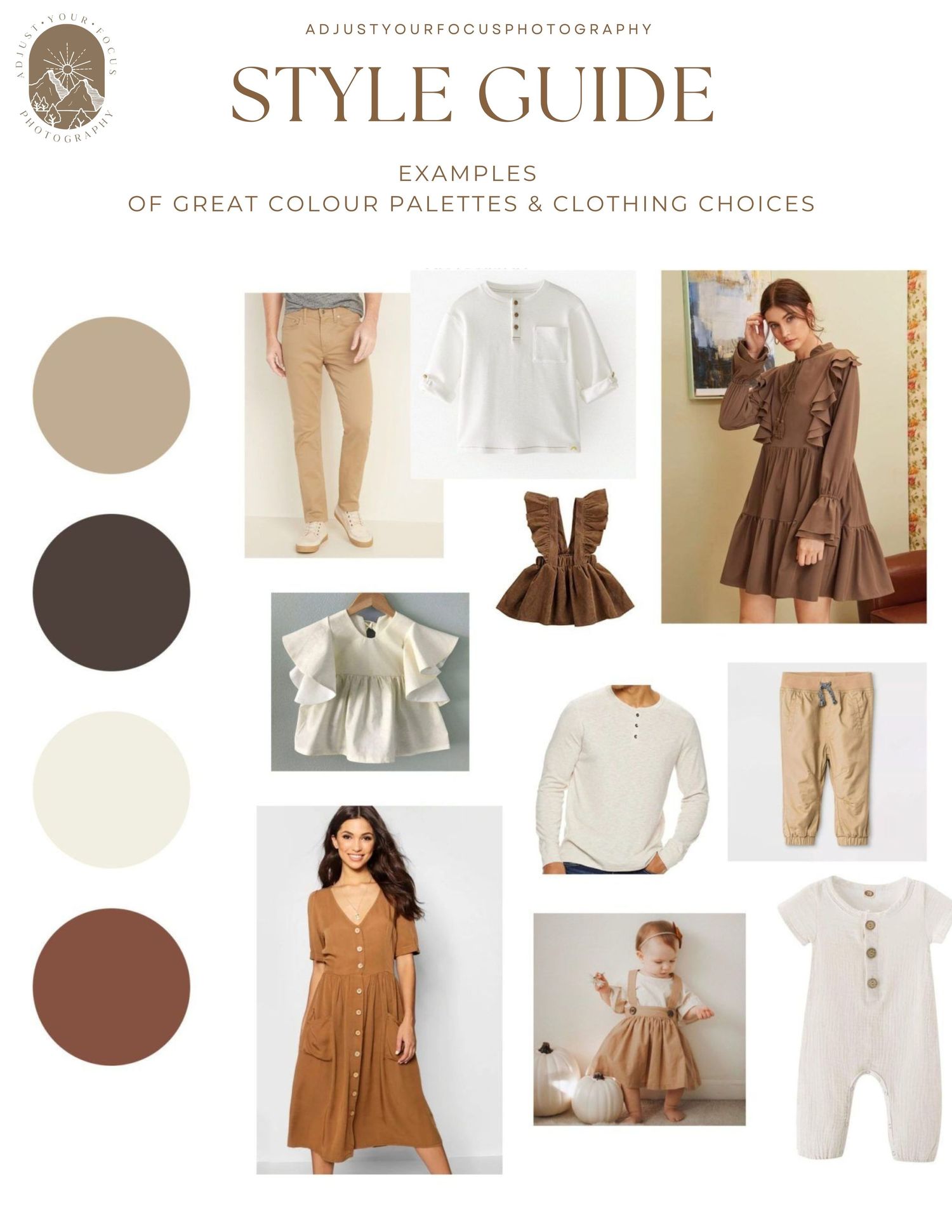 Style guide featuring brown and beige clothing pieces with coordinating color swatches.