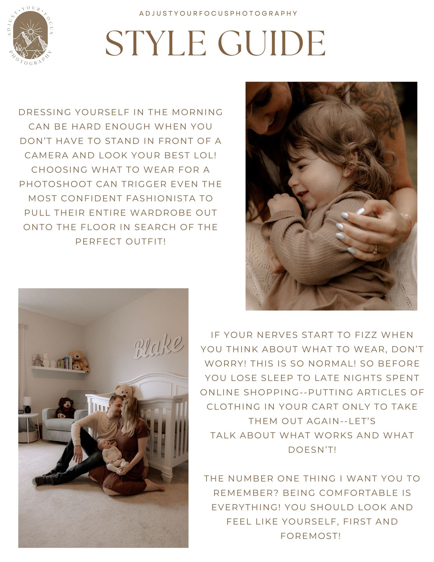 Style guide page showing tips for photo sessions with vintage sepia toned images and neutral home interior photos.