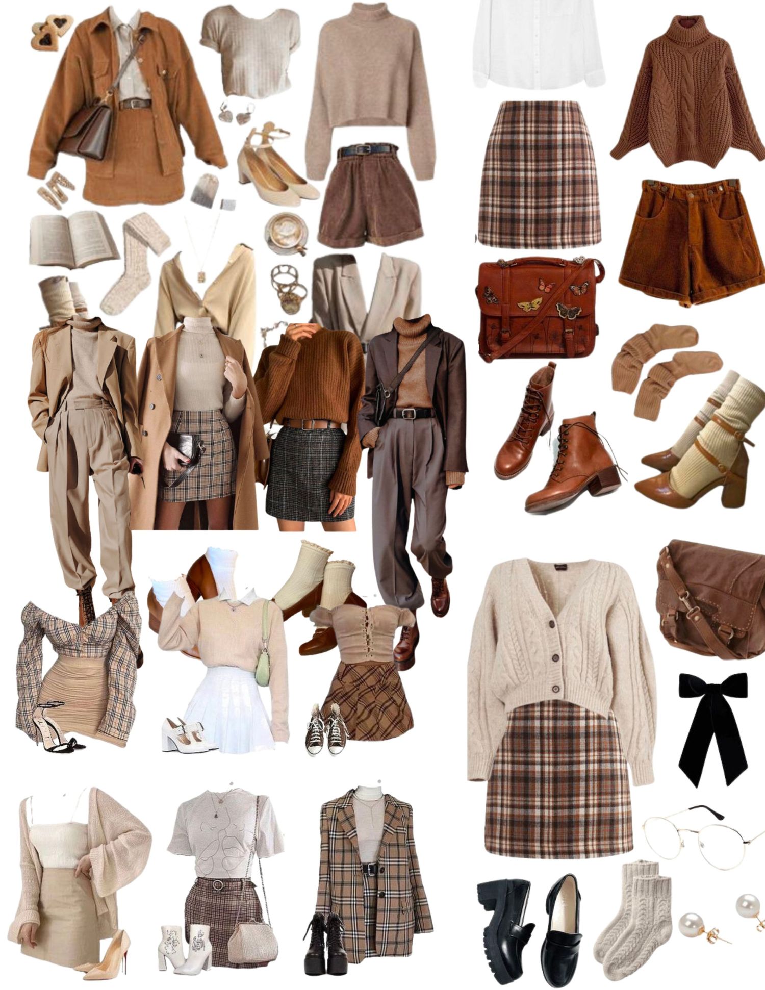 Brown and beige fashion collection featuring plaid skirts, sweaters, boots and accessories in earth tones.
