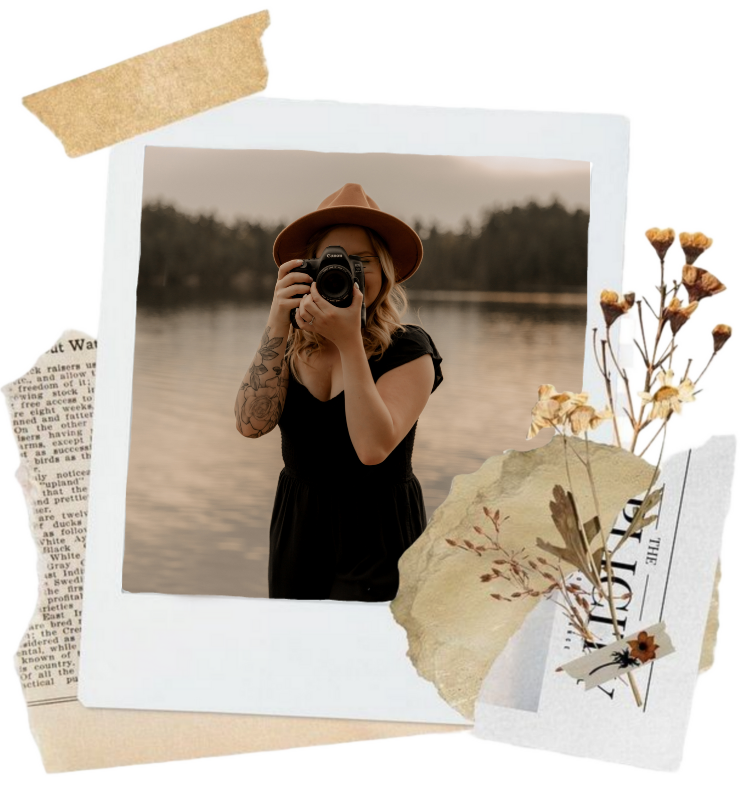 Sepia-toned polaroid layout featuring photographer with vintage paper and botanical elements.
