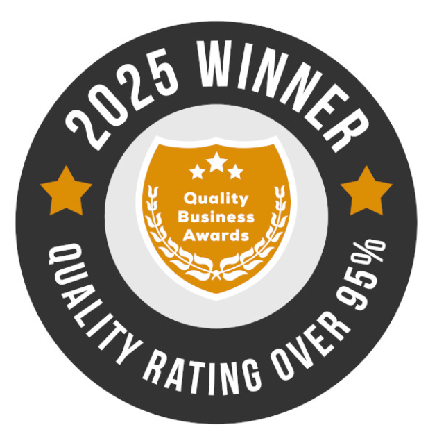 A black and gold circular badge for 2025 Quality Business Awards winner with a rating over 99 percent.
