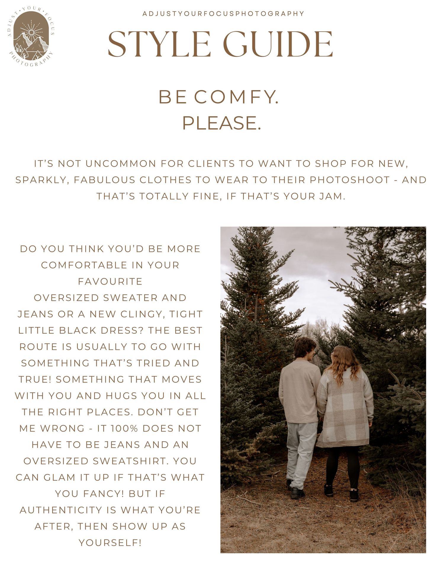 Style guide page about comfort in clothing choices, showing outdoor winter scene in neutral tones.