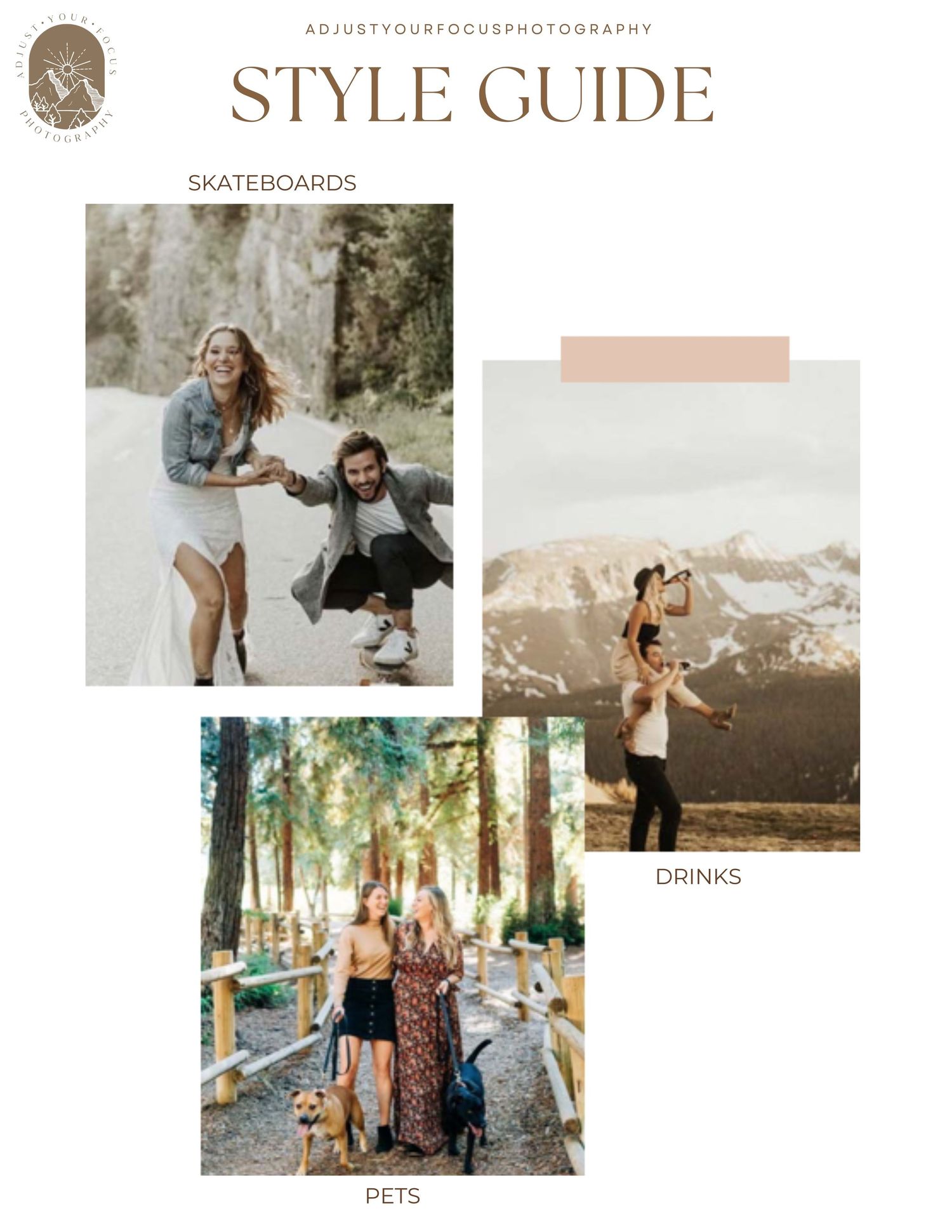 Style guide showing examples of incorporating skateboards and outdoor activities in photos.