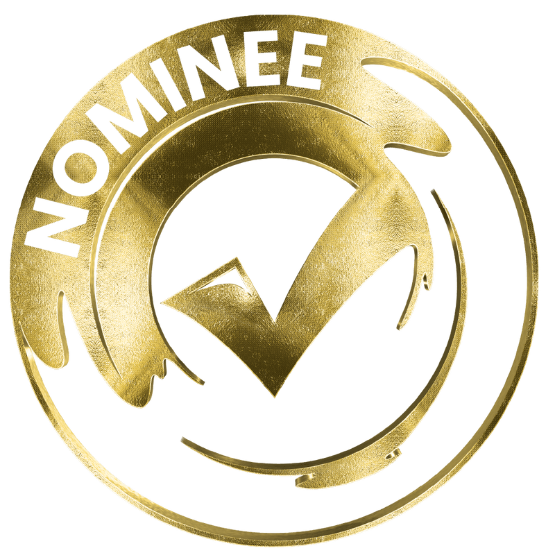 Gold circular nominee badge with checkmark design on black background.