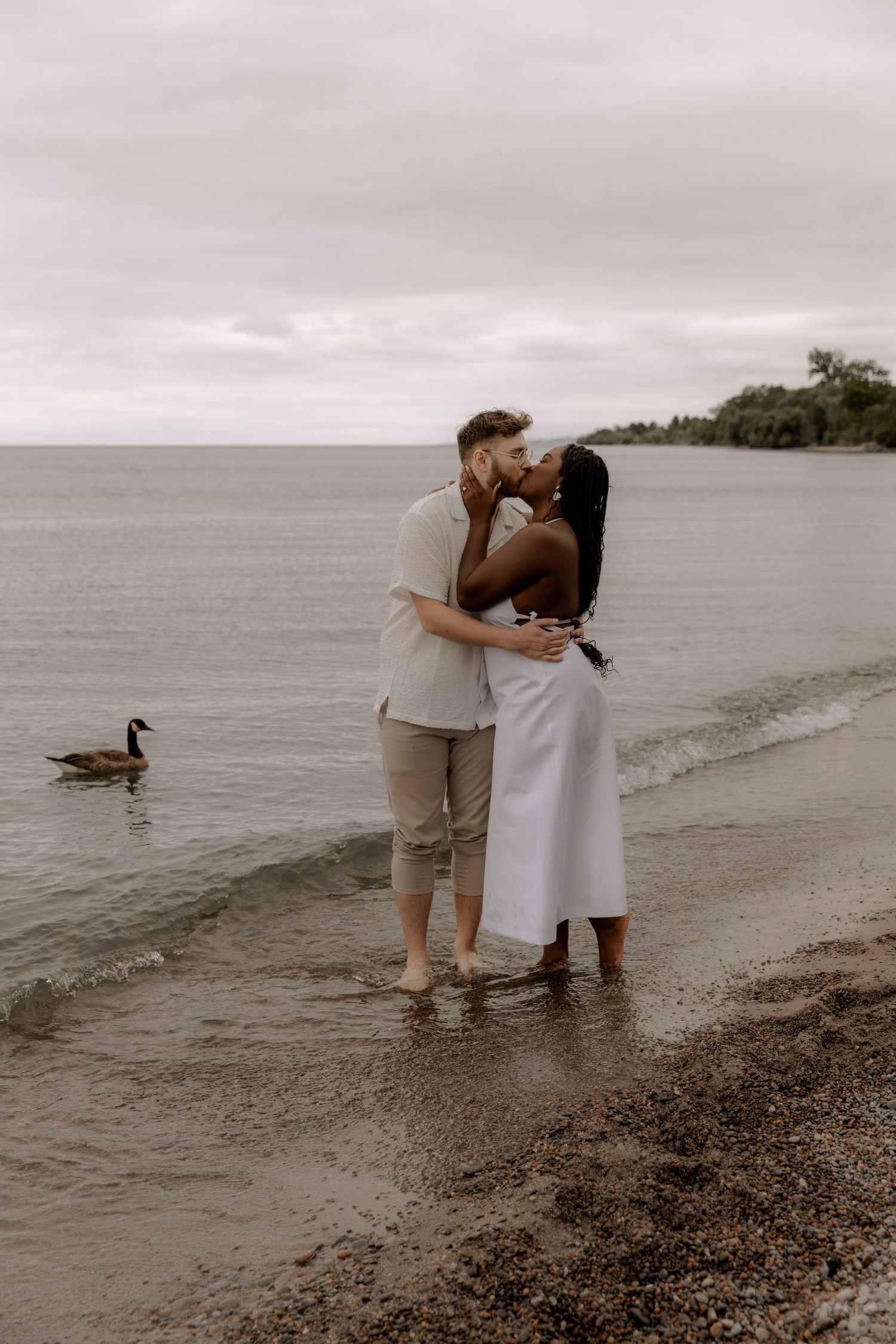 A romantic couple shares an intimate moment on a beach with a duck swimming in the background.