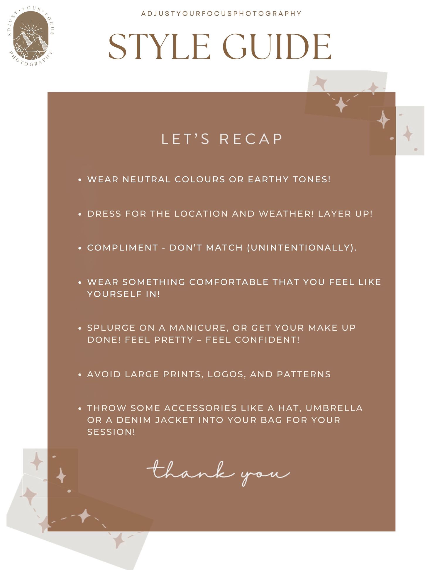Photography style guide tips on neutral colors, layering, and comfort with minimalist brown design.