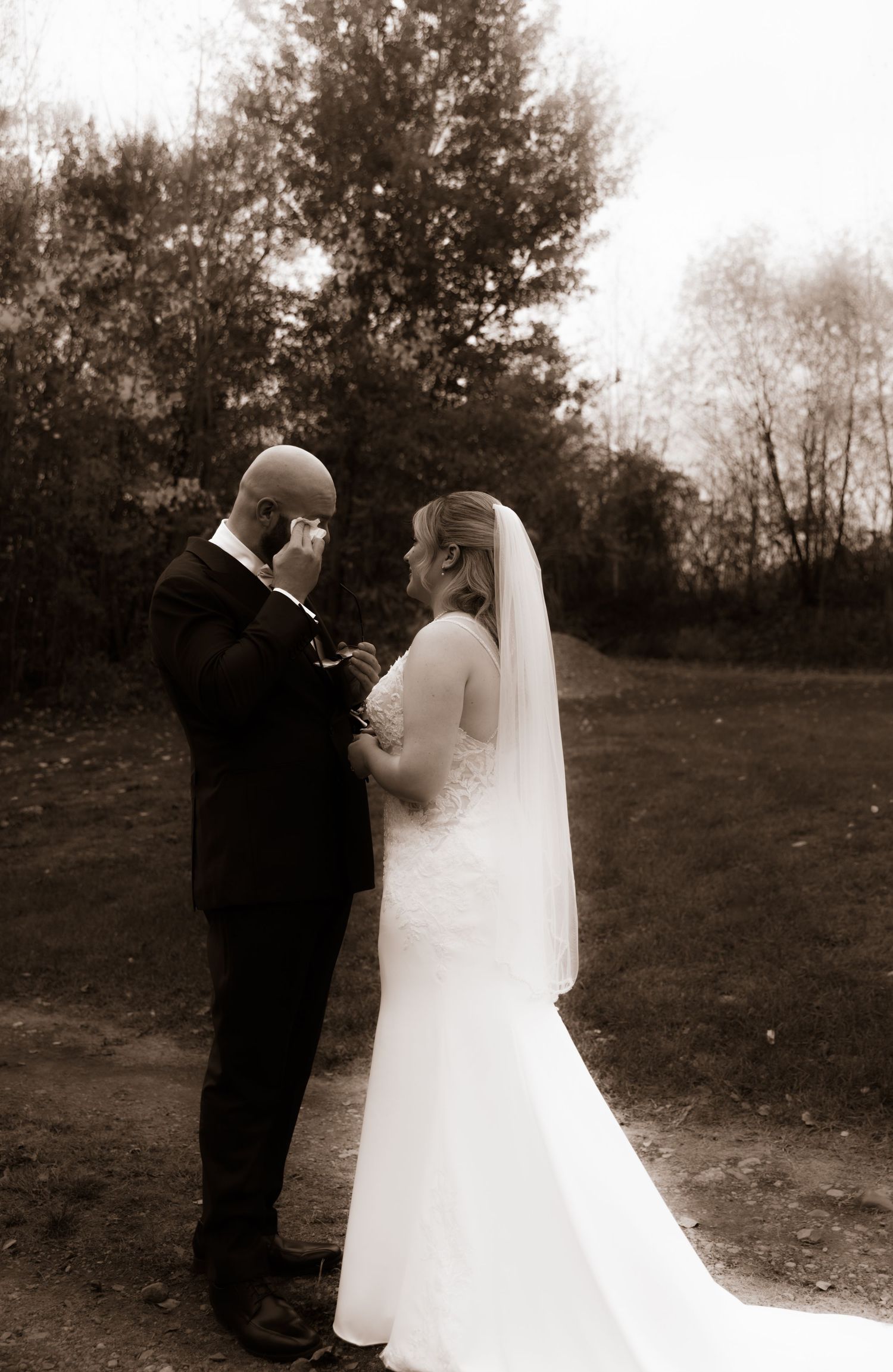 A sepia-toned wedding sequence shows a couple reading vows in an outdoor setting with trees in the background.