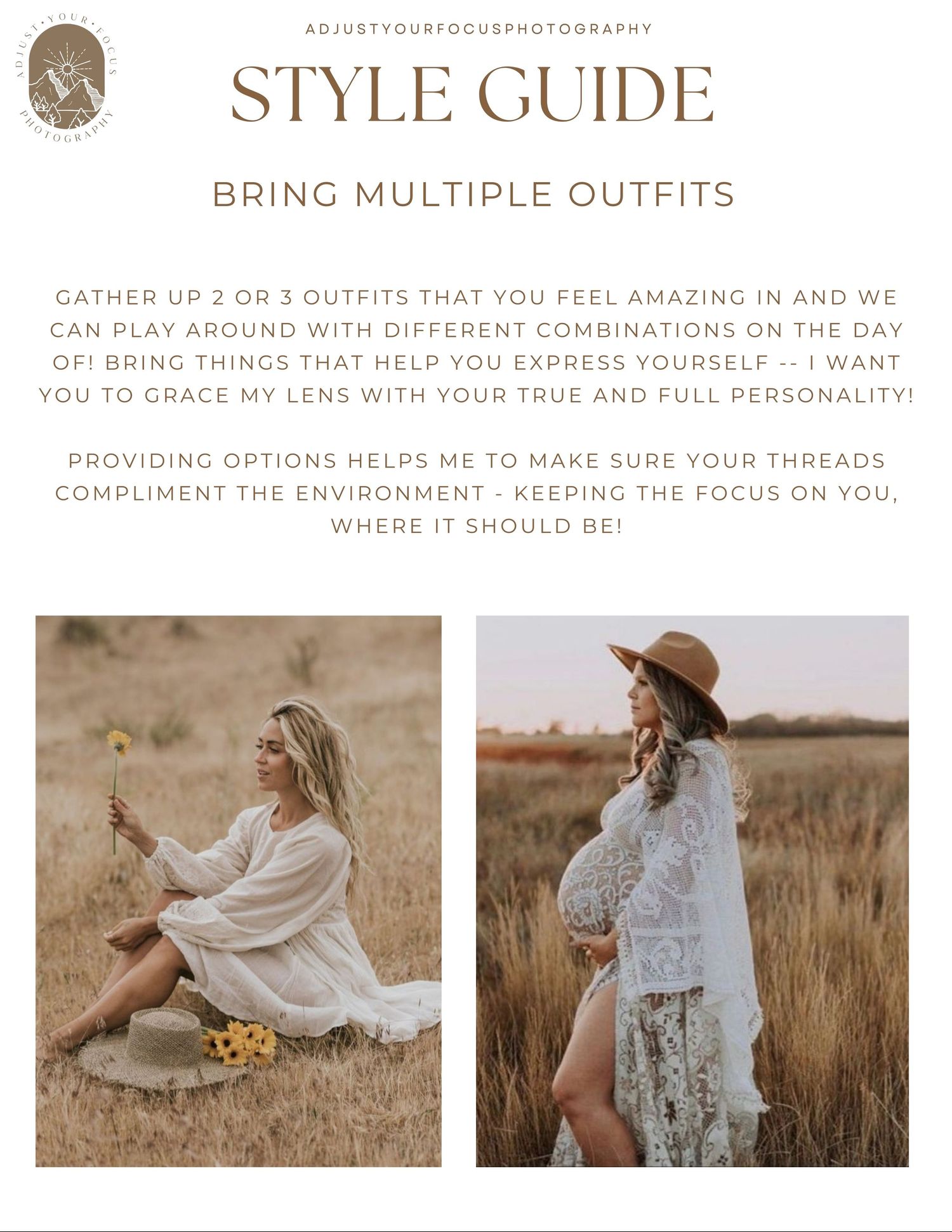 Style guide page about bringing multiple outfits, showing white dresses in a wheat field.
