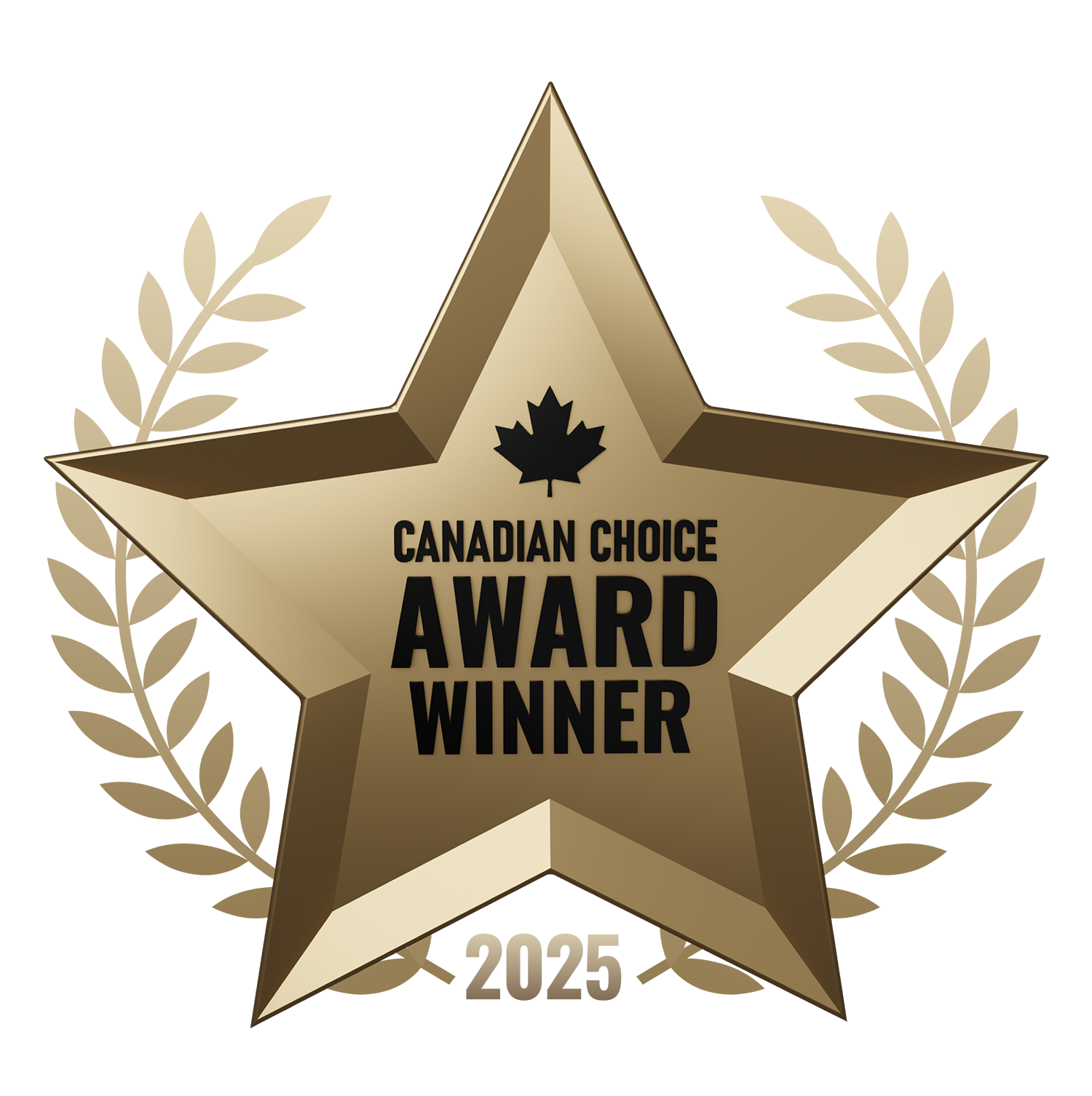 Golden star-shaped Canadian Choice Award Winner 2023 trophy with maple leaf and laurel wreath design.