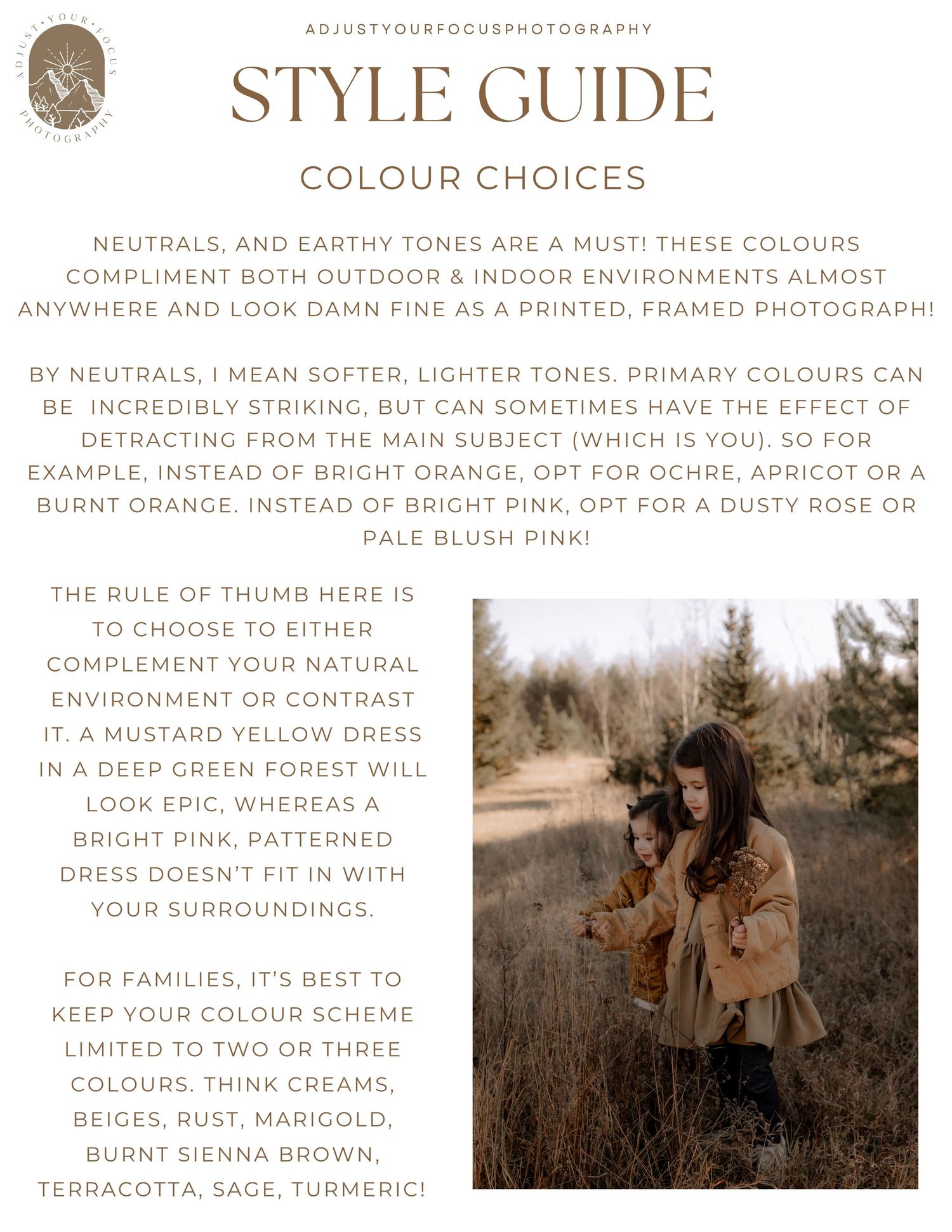 Style guide page discussing neutral color choices with earth toned outdoor photography.