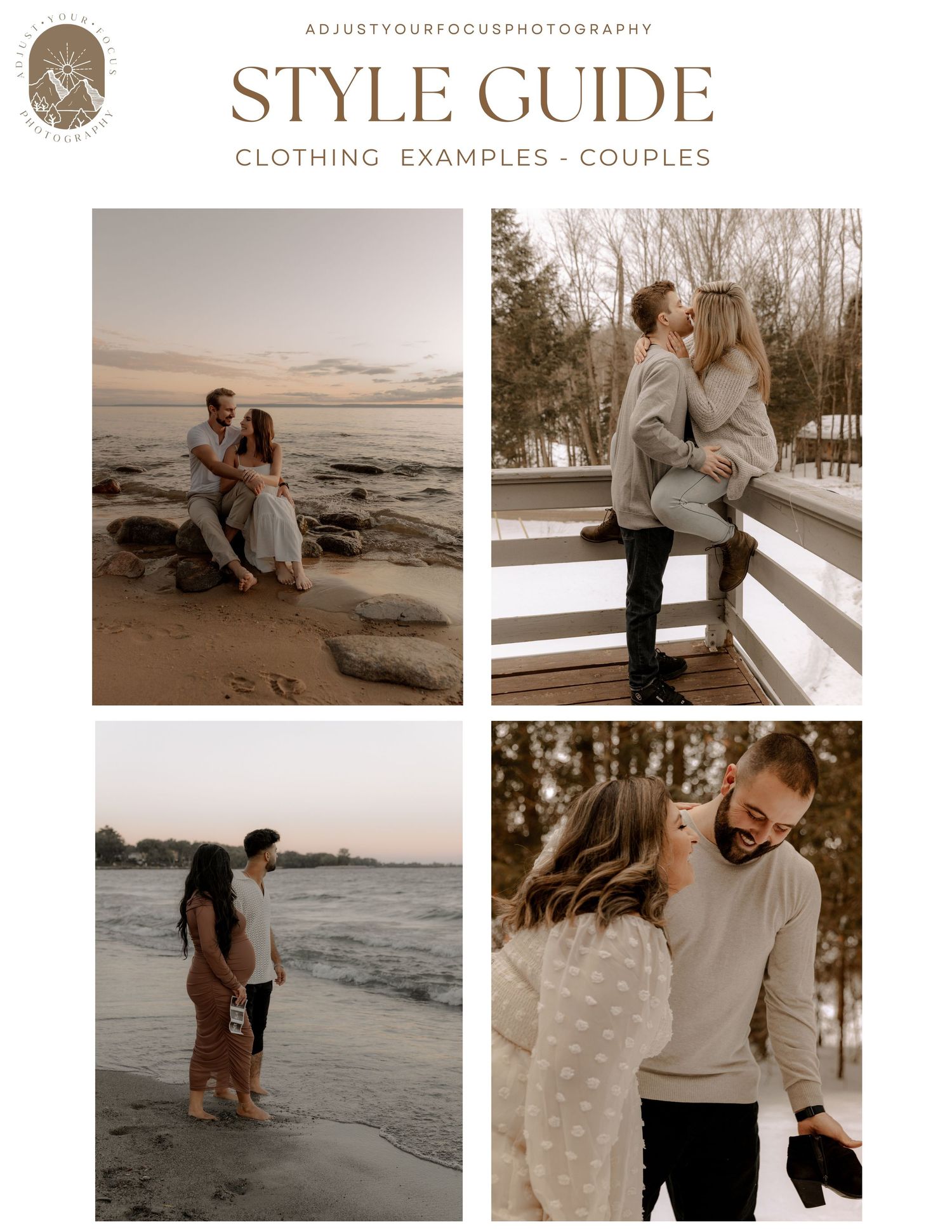 Style guide with examples of couples posing on beaches and in winter settings.