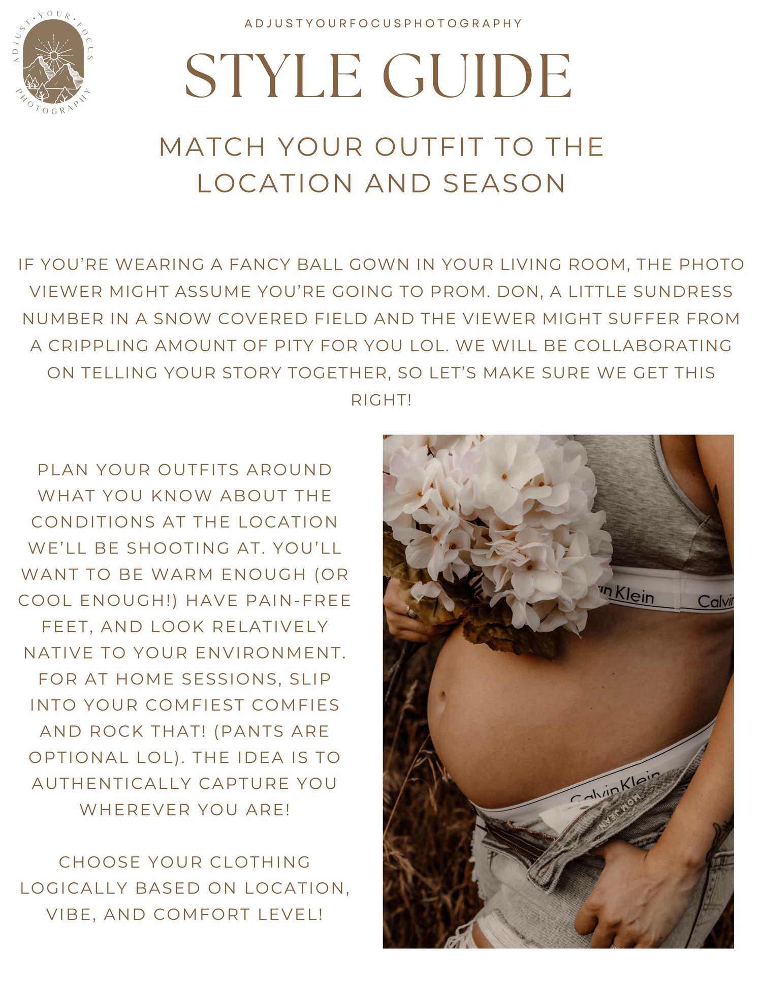 Style guide page about matching outfits to locations, featuring ethereal white dress details.