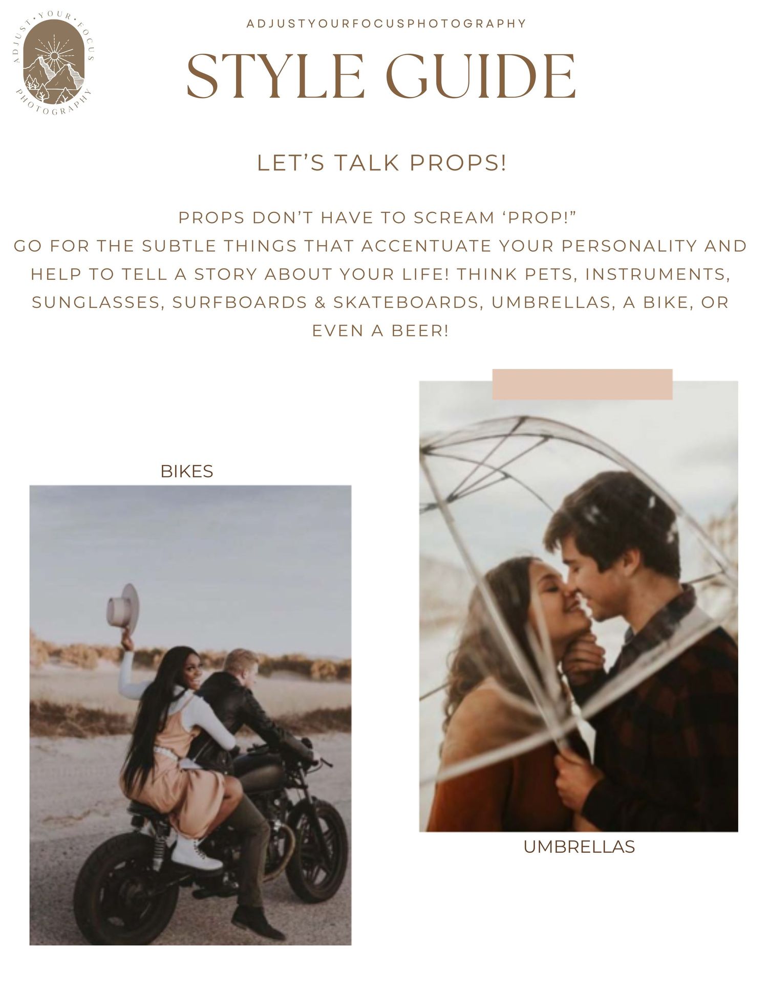 Style guide page about using props like bikes and umbrellas in photography sessions.