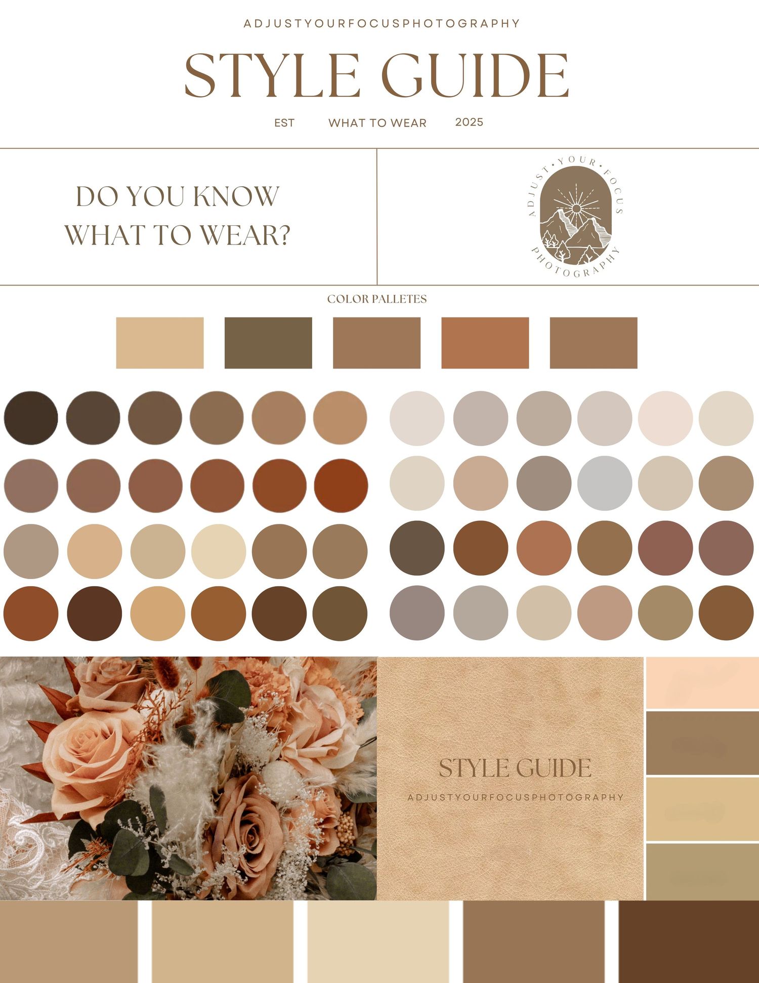 Neutral color palette style guide with earthy brown tones and blush floral accents.