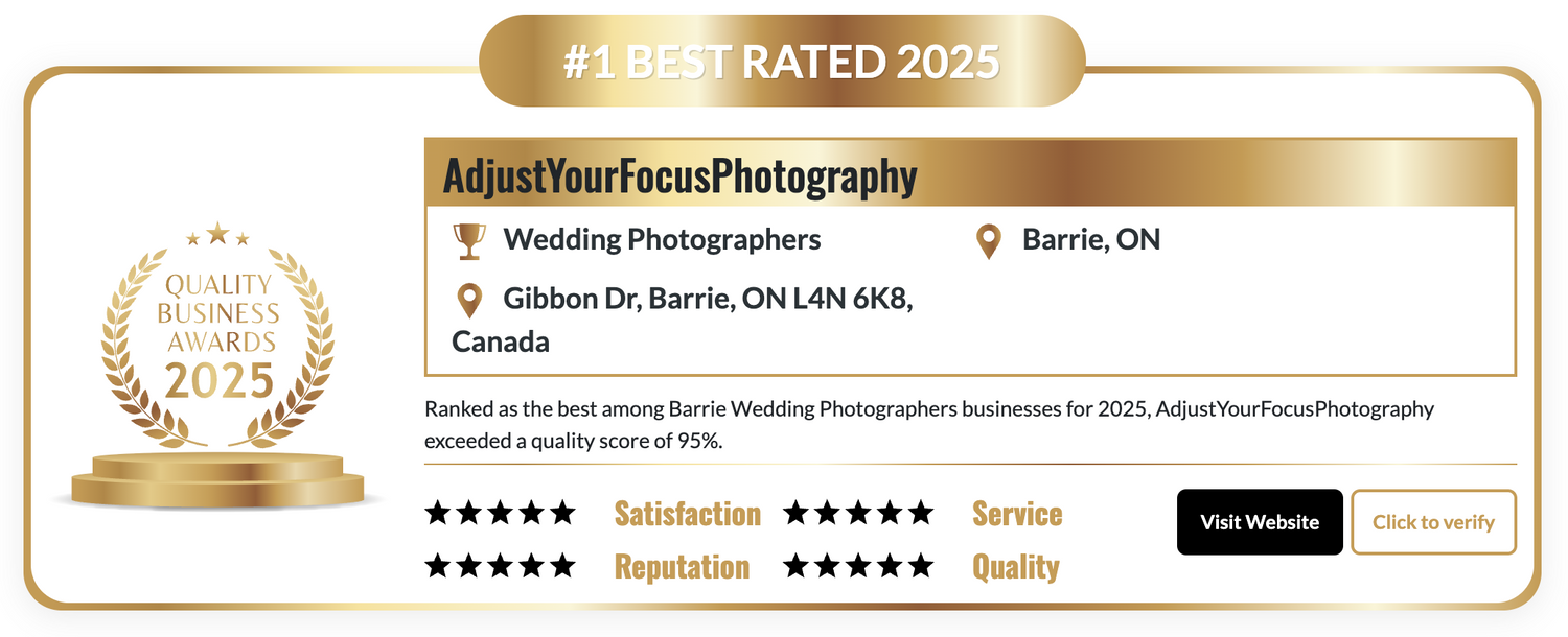 A gold wedding photography award badge showing ArtistsThatFocusPhotography with a 5-star rating from Berlin, Ontario.