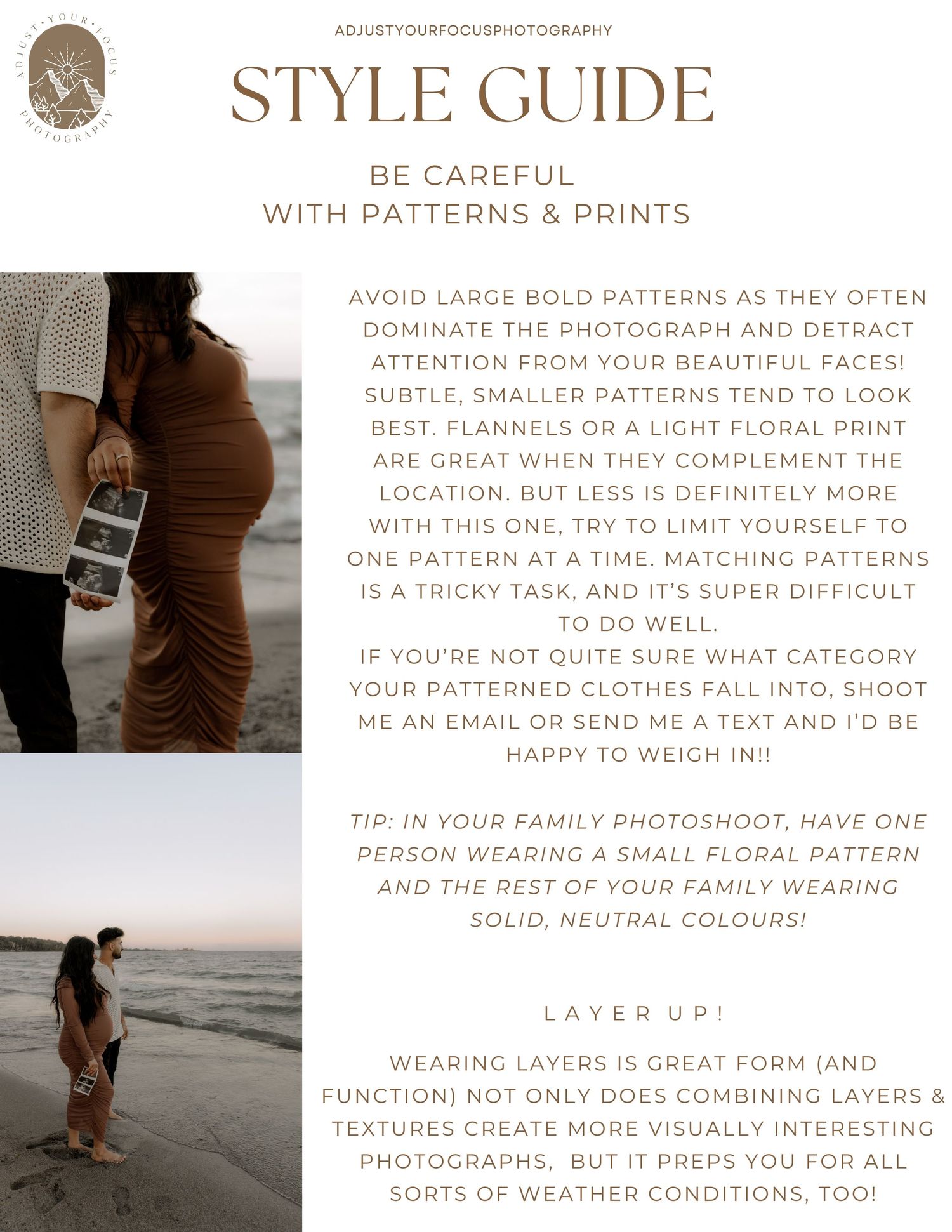 Photography style guide page about pattern advice and layering tips for fashion shoots.