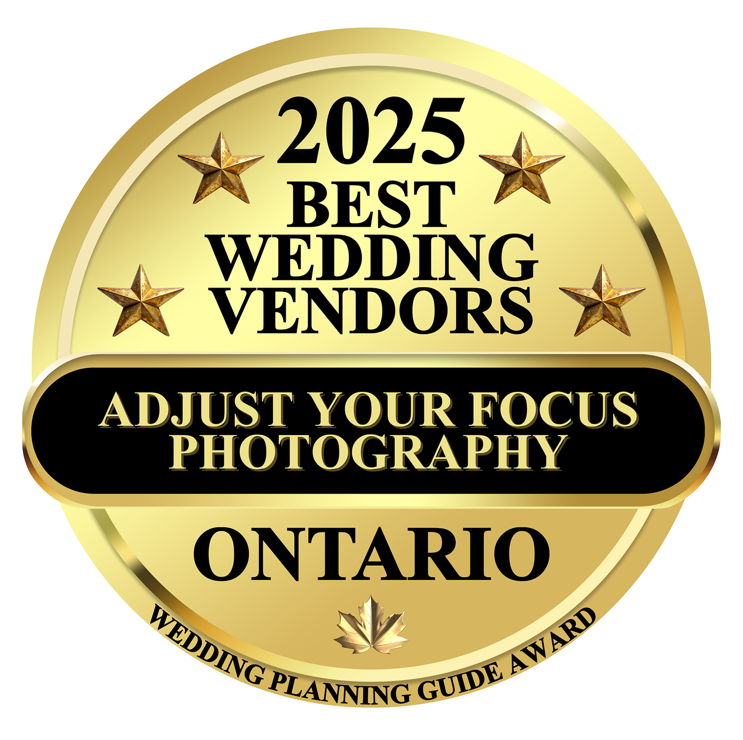 A collection of golden circular award badges with stars and text for wedding photography vendors in Ontario.