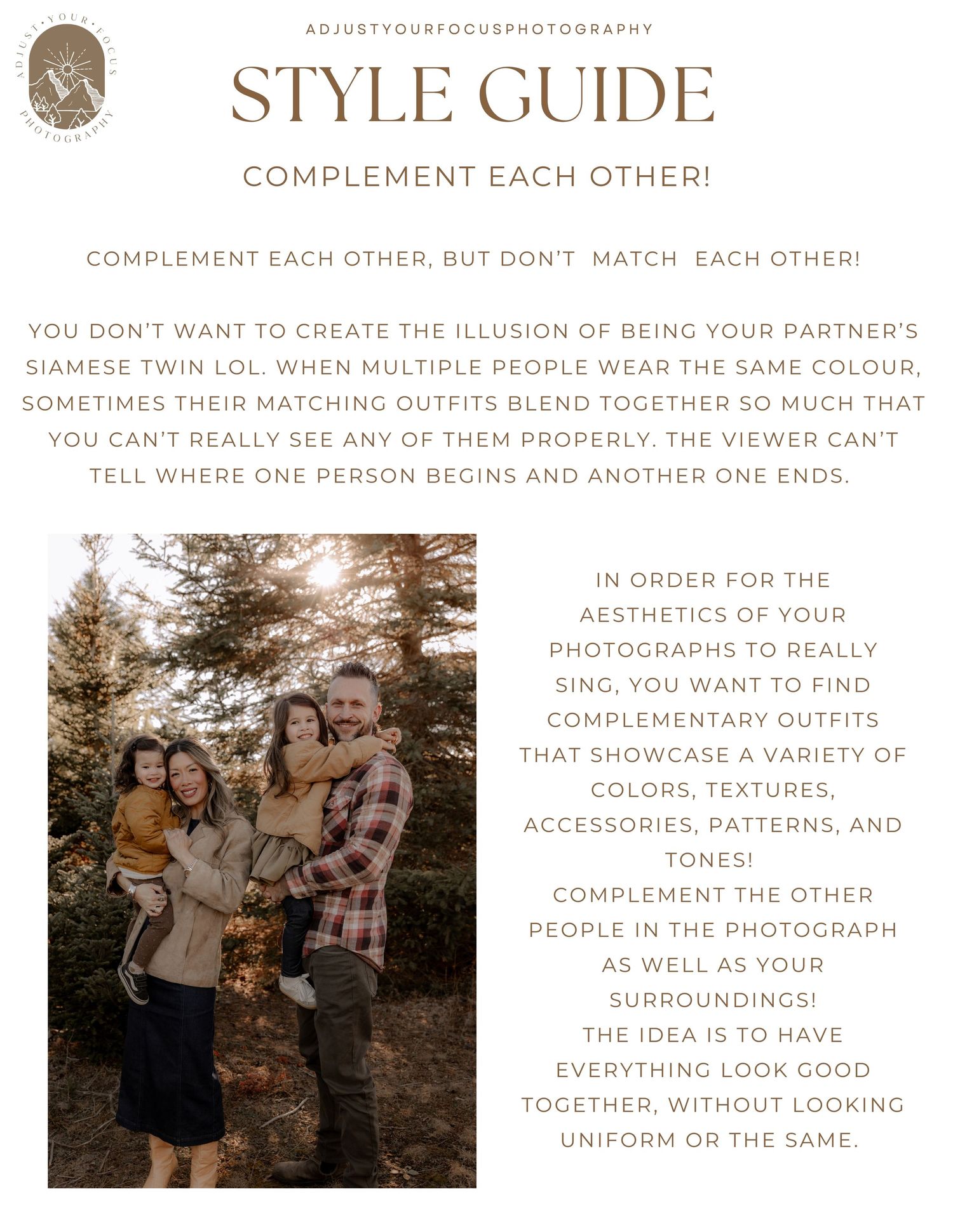 Style guide page showing tips for coordinating outfits and creating complementary looks in photos.