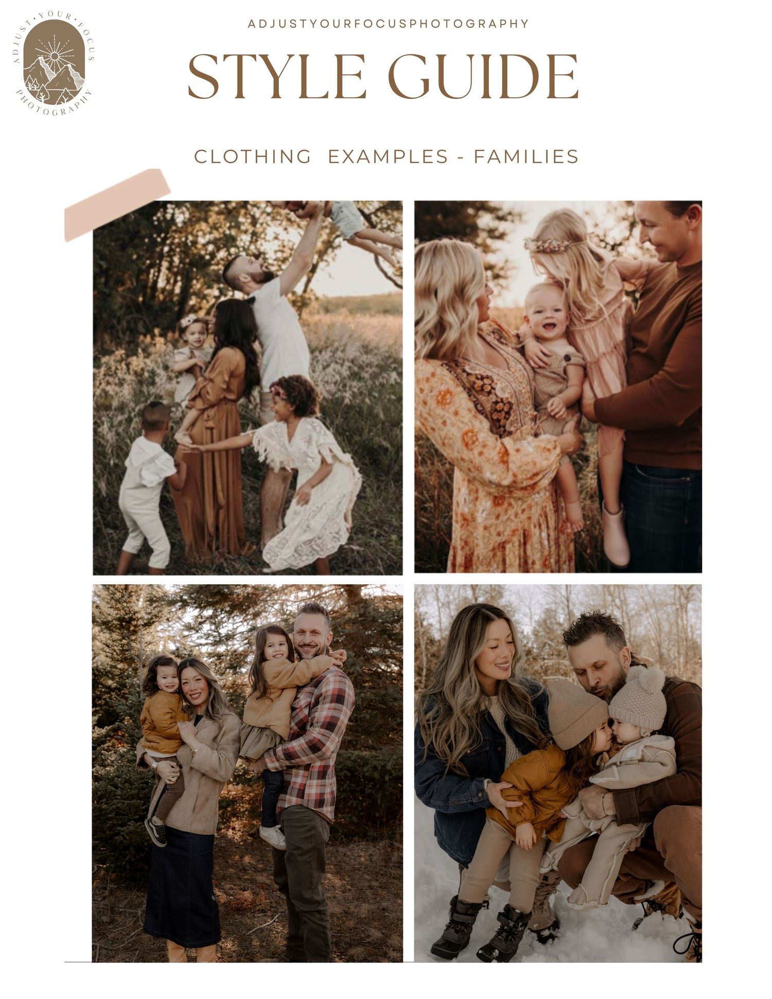 Family photography style guide showing coordinated outfits in warm earthy tones for group portraits.