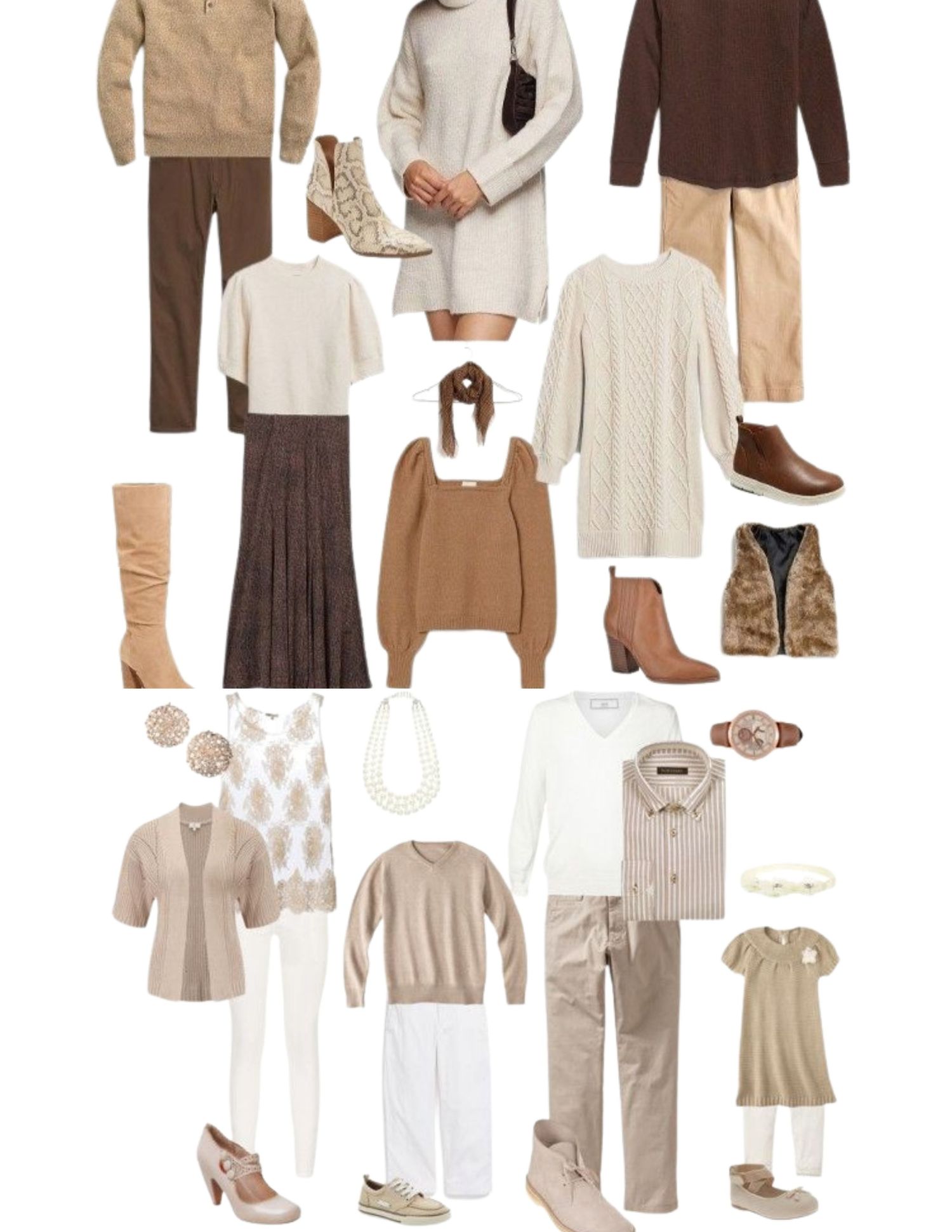 Neutral wardrobe collection showing beige, brown and cream colored clothing with coordinating shoes and accessories.