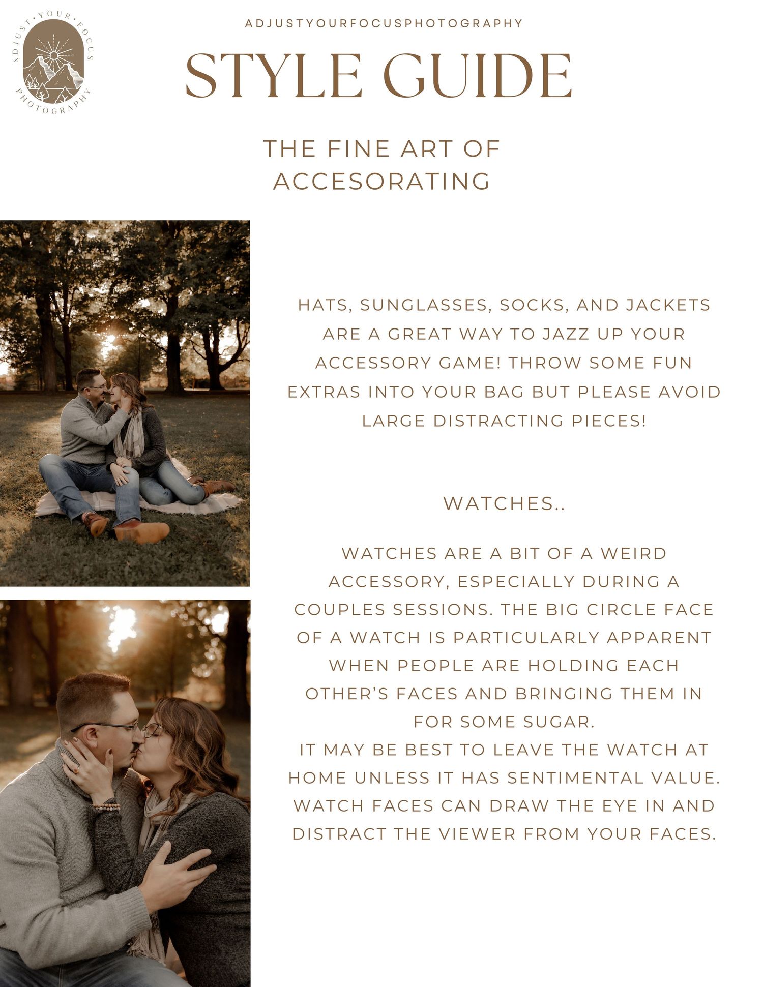 Style guide explaining accessory choices and watch considerations for photo shoots.
