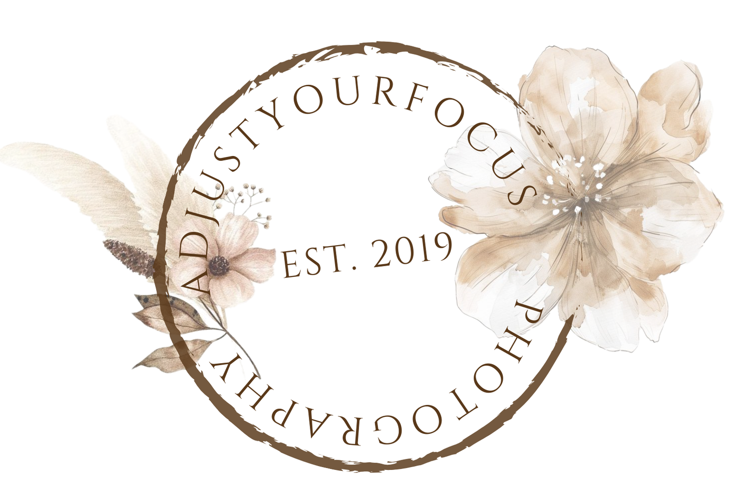 A delicate watercolor logo design with floral elements and text in a circular arrangement.
