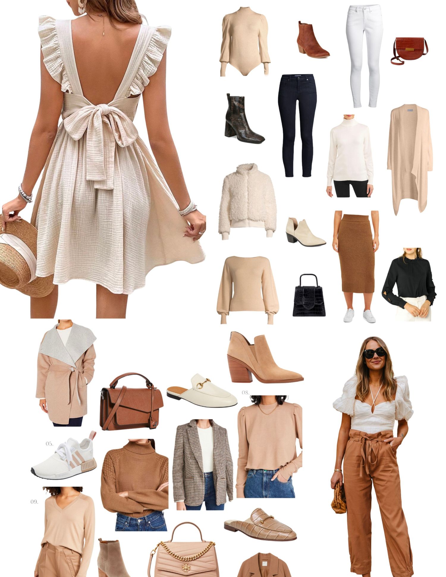Fashion mood board with neutral beige clothing items, accessories, and footwear in a minimalist style.
