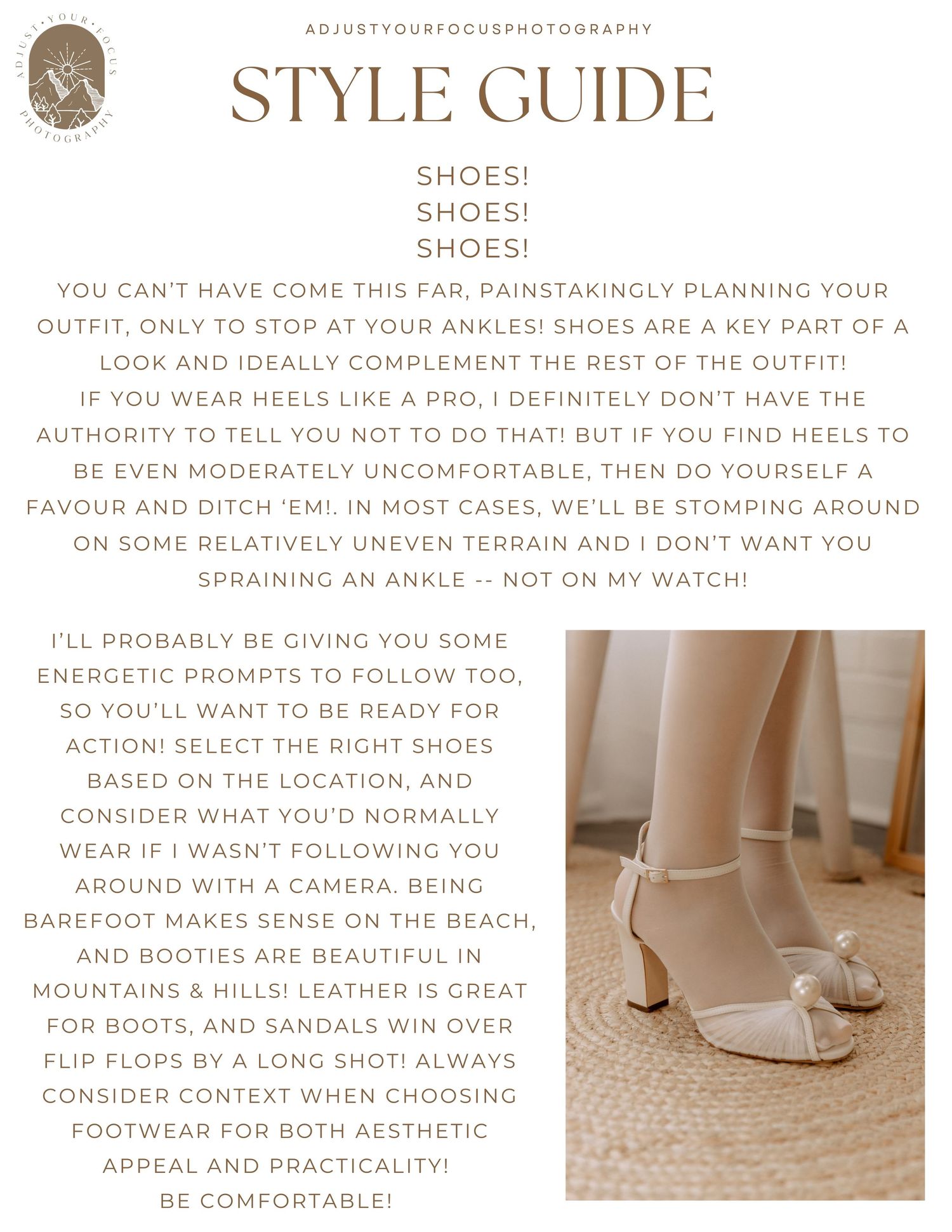 Photography style guide discussing footwear choices and shoe recommendations for photo sessions.