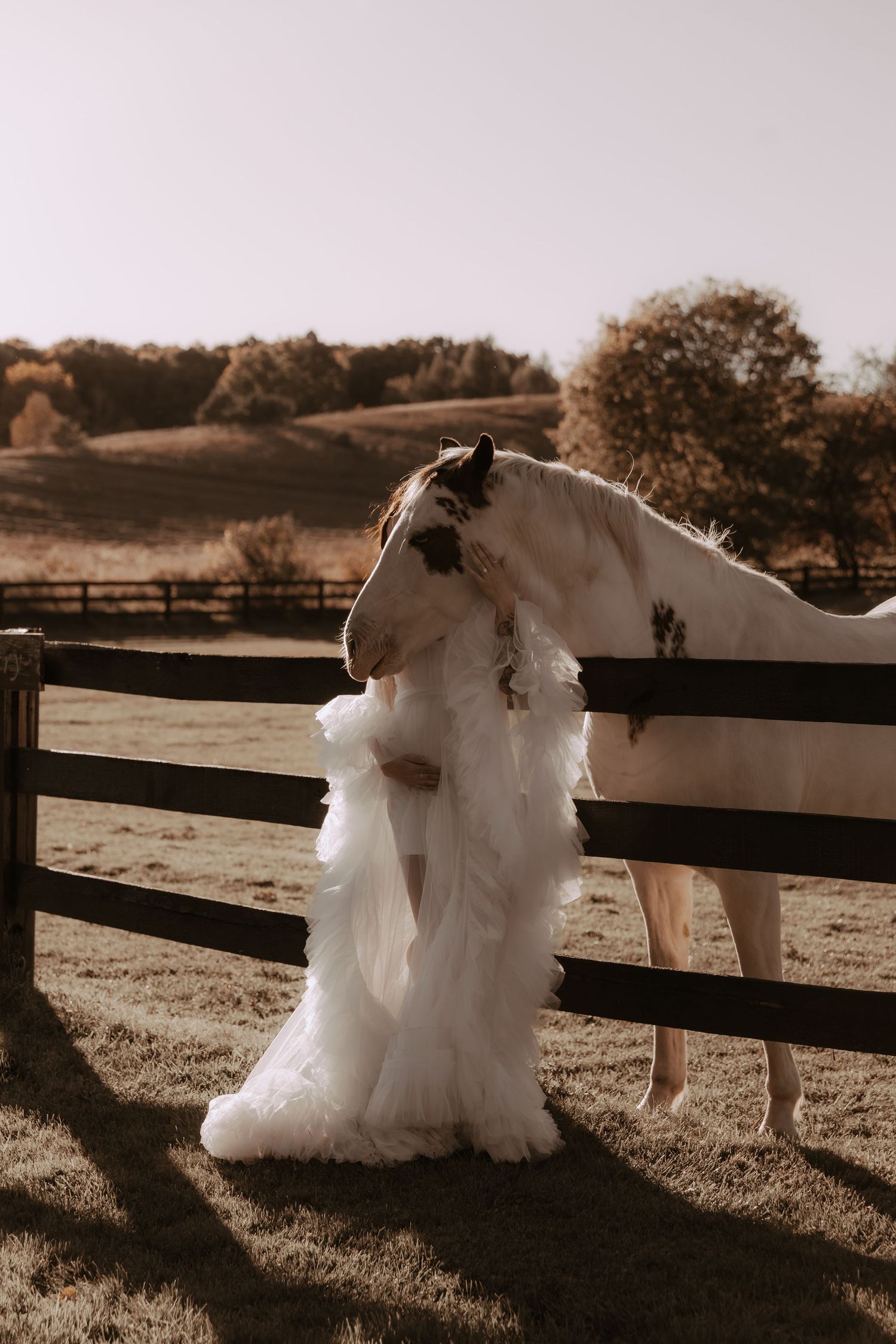 Ethereal wedding dress flowing in the breeze next to a white horse at a rustic farm fence.