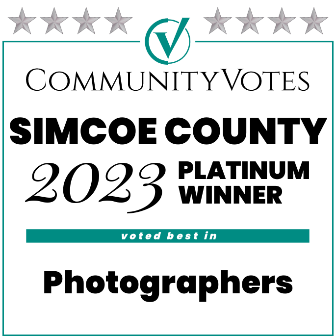 Community Votes Simcoe County 2023 Platinum Winner badge for photographers with star rating.