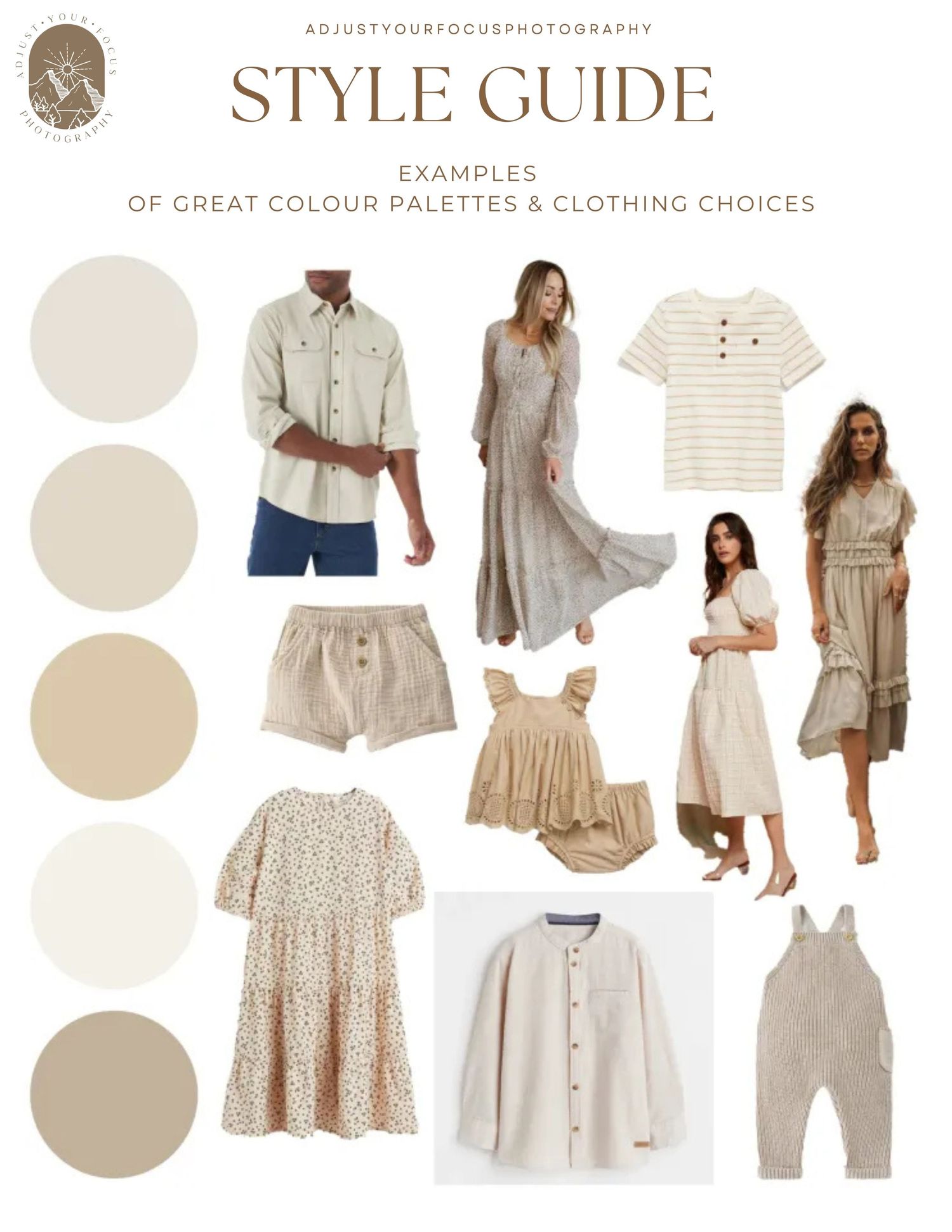 Style guide showcasing neutral casual wear and dresses with beige color palette.