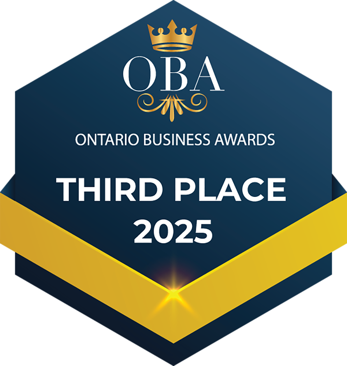 Ontario Business Awards third place 2025 logo with gold crown and hexagonal navy blue and gold design.