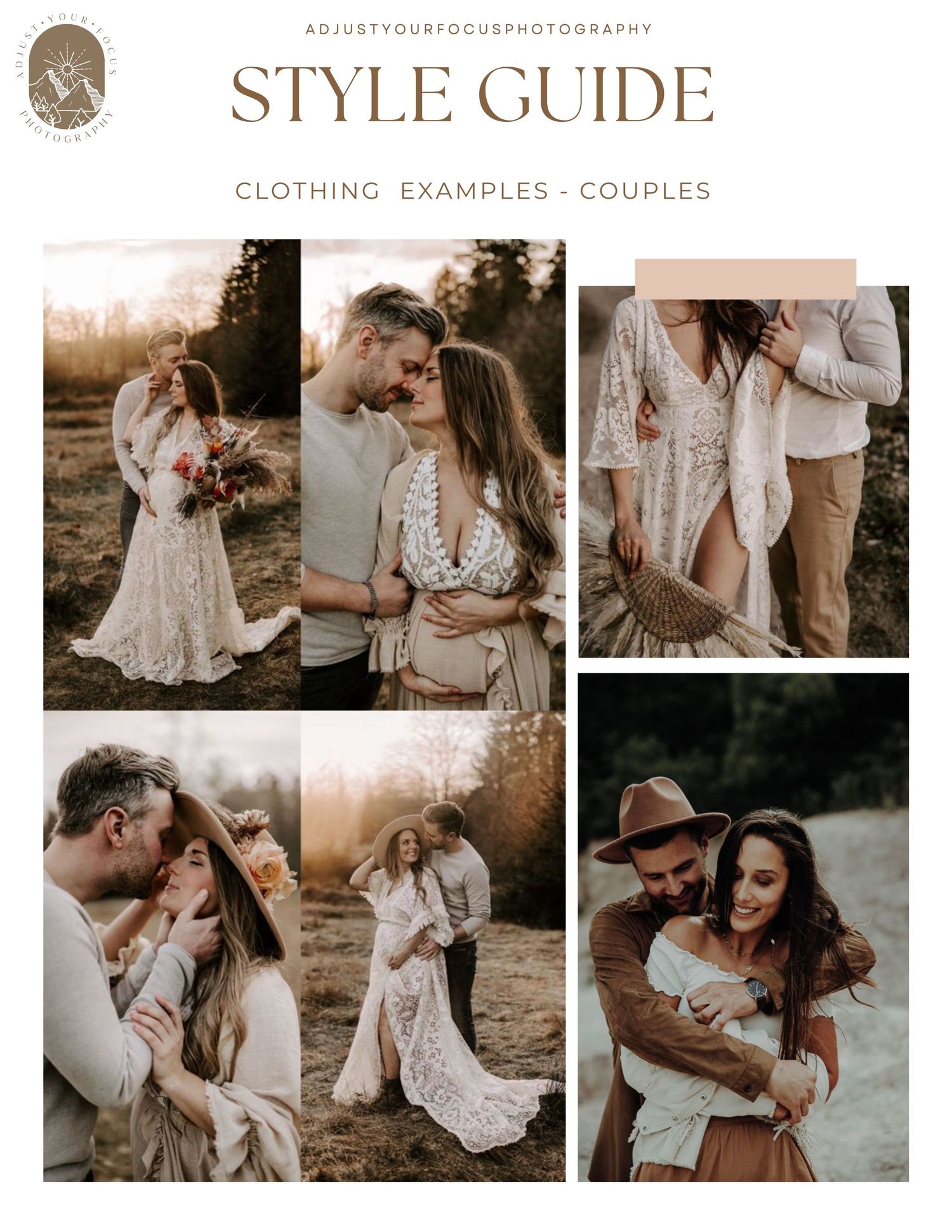 Style guide showcasing romantic couple photo examples in neutral toned outfits.